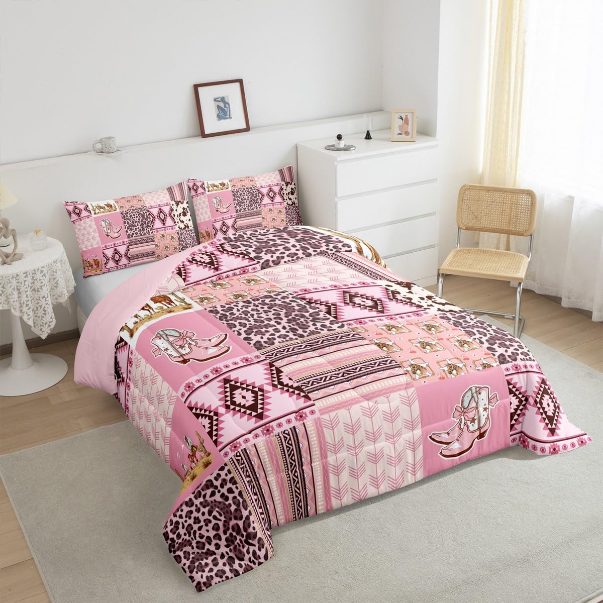 Feelyou Pink Aztec Bedding Set Queen Size, Kids Western Decor Comforter Set Wild West Cowboy Cowgirl Comforter Boho Style Duvet Insert Bed Set 3Pcs