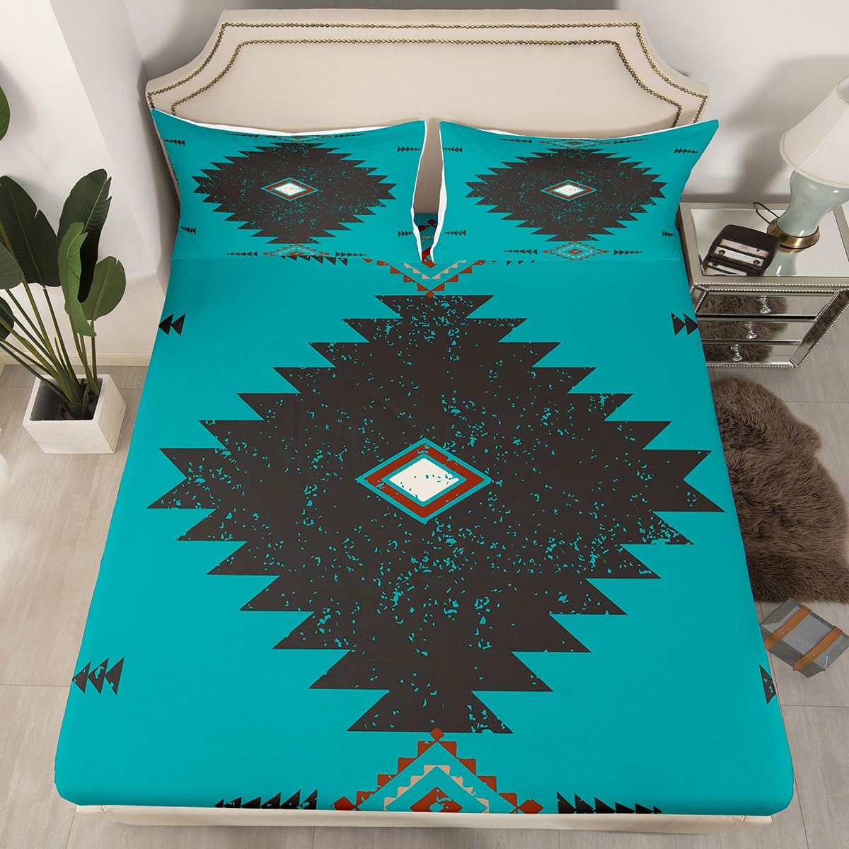 jejeloiu Southwest Aztec Bed Sheets Set Queen Size Native American Bed Set Geometric Deep Pocket Fitted Sheet Boho Breathable Soft Lightweight Microfiber