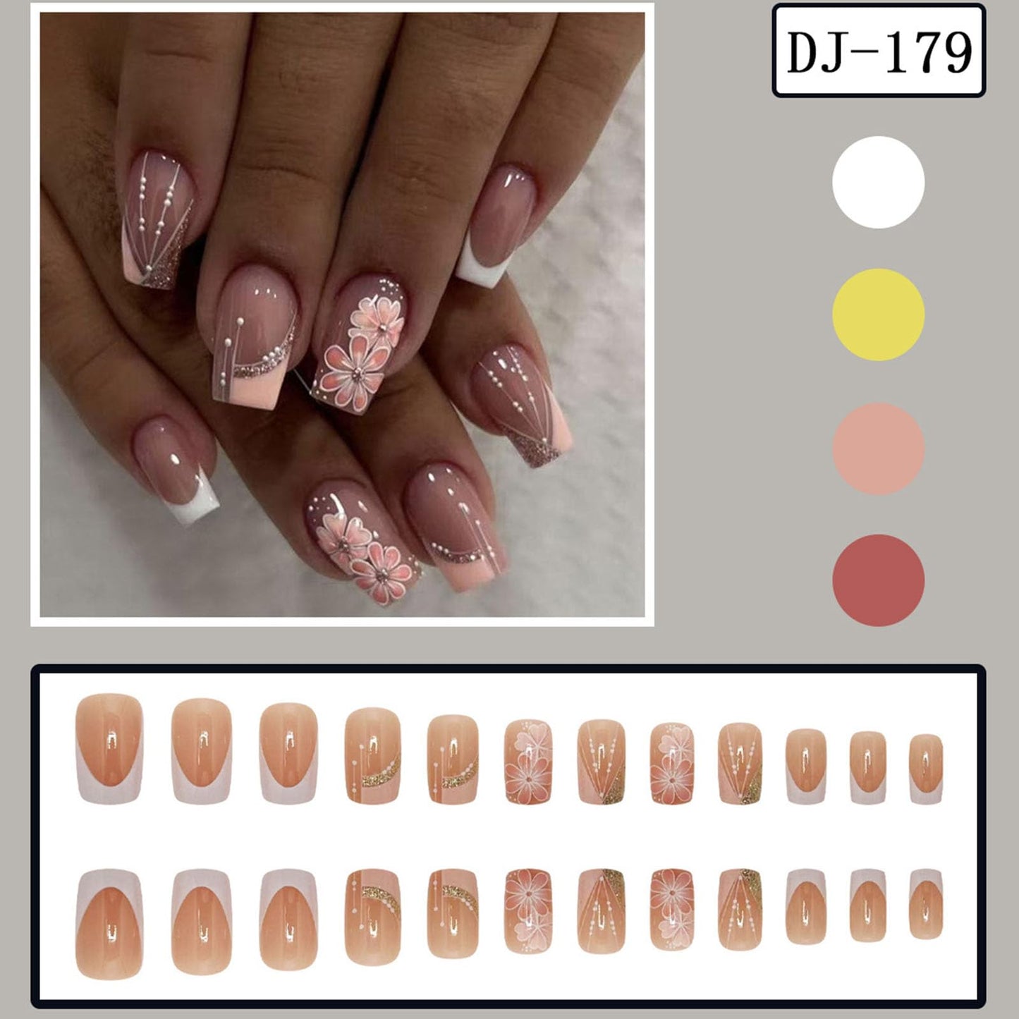 Pink White French Tip Press on Nails Medium Square Fake Nails with Flowers with Pops of Pink and Orange Designs Acrylic Glue on Nails Press ons Glitter Stick on Nails for Women 24Pcs