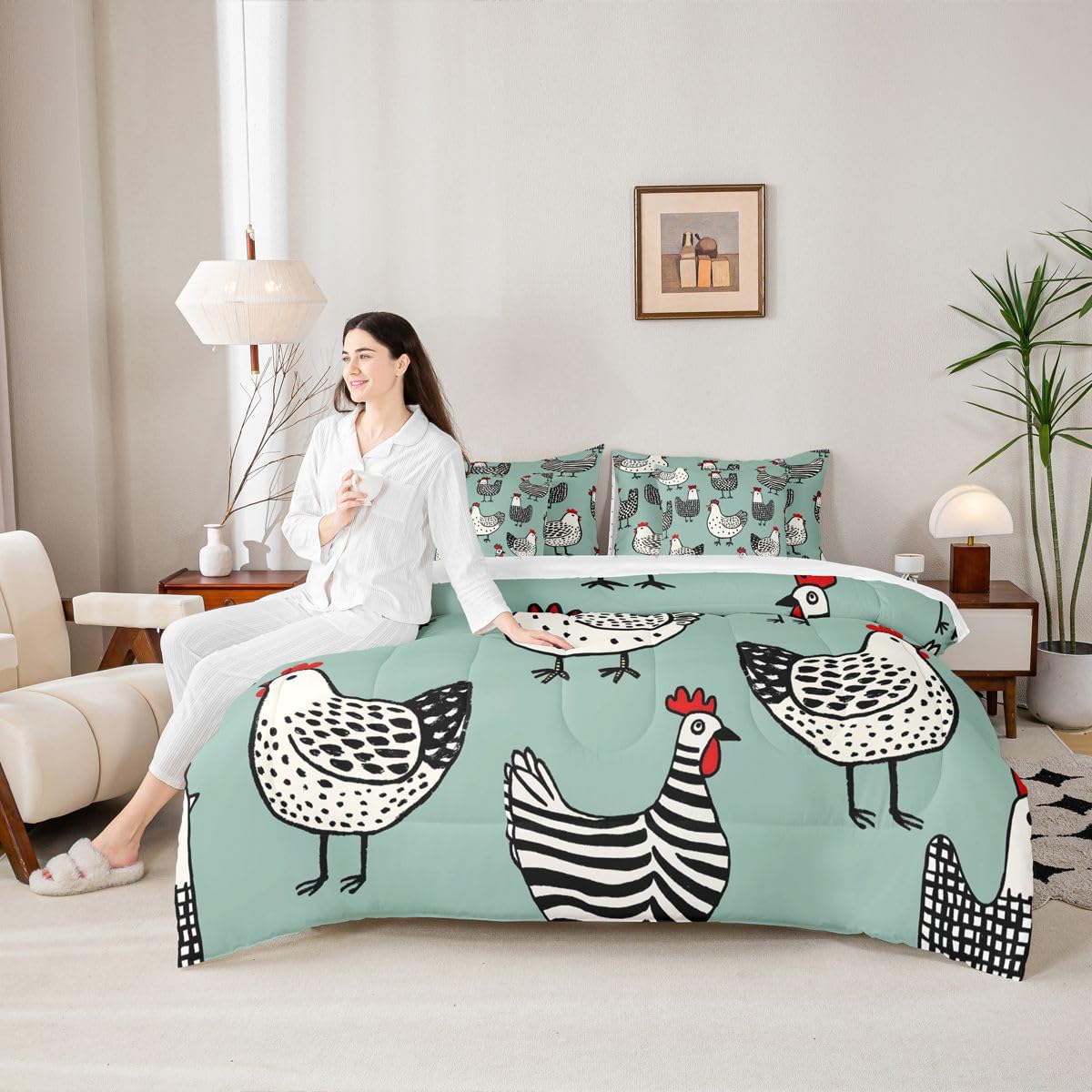 Erosebridal Chicken 7 Pcs Bedding Set King Cartoon Chick Comforter Set with Sheets Cute Farmhouse Animal Bed in A Bag Teal Black Bedroom Decor