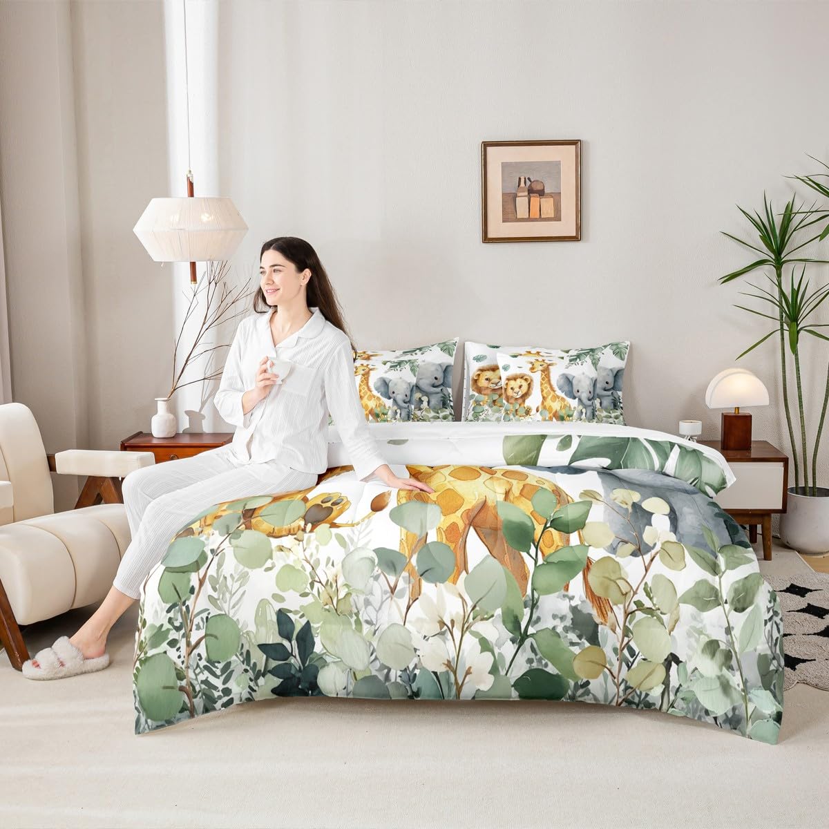 Erosebridal Jungle Animal Twin Size Comforter Set with Sheets - Kawaii Cartoon Zoo Animal 7-Piece Bedding Set Cartoon Lion Elephant Giraffe Bed in a Bag Leaves Botanical Eucalyptus Bed Quilt Sets
