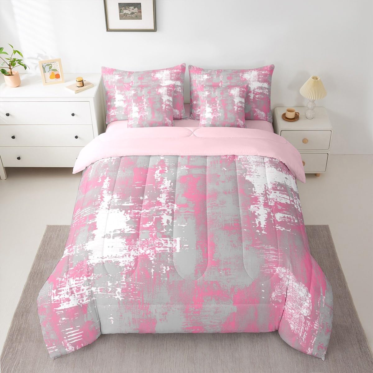 Feelyou Abstract Comforter Set Queen Size 7 Pieces Modern Abstract Art Bedding Set Pink White Bed in a Bag with Comforter, Sheets, Pillowcases, Cushion Covers Luxury Bedroom Decor Geometric