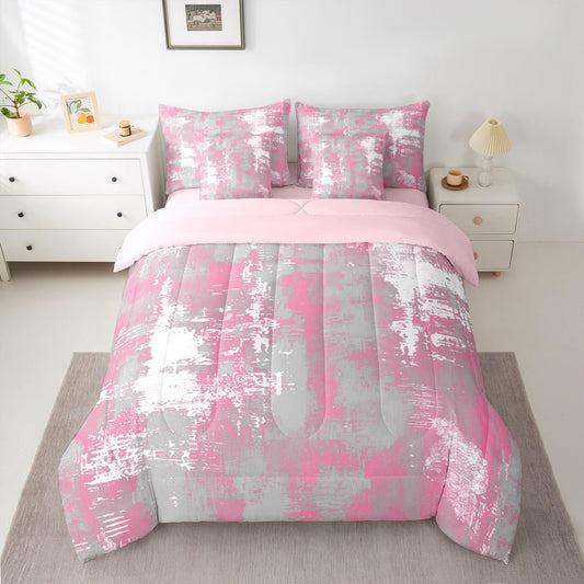 Feelyou Abstract Comforter Set Queen Size 7 Pieces Modern Abstract Art Bedding Set Pink White Bed in a Bag with Comforter, Sheets, Pillowcases, Cushion Covers Luxury Bedroom Decor Geometric