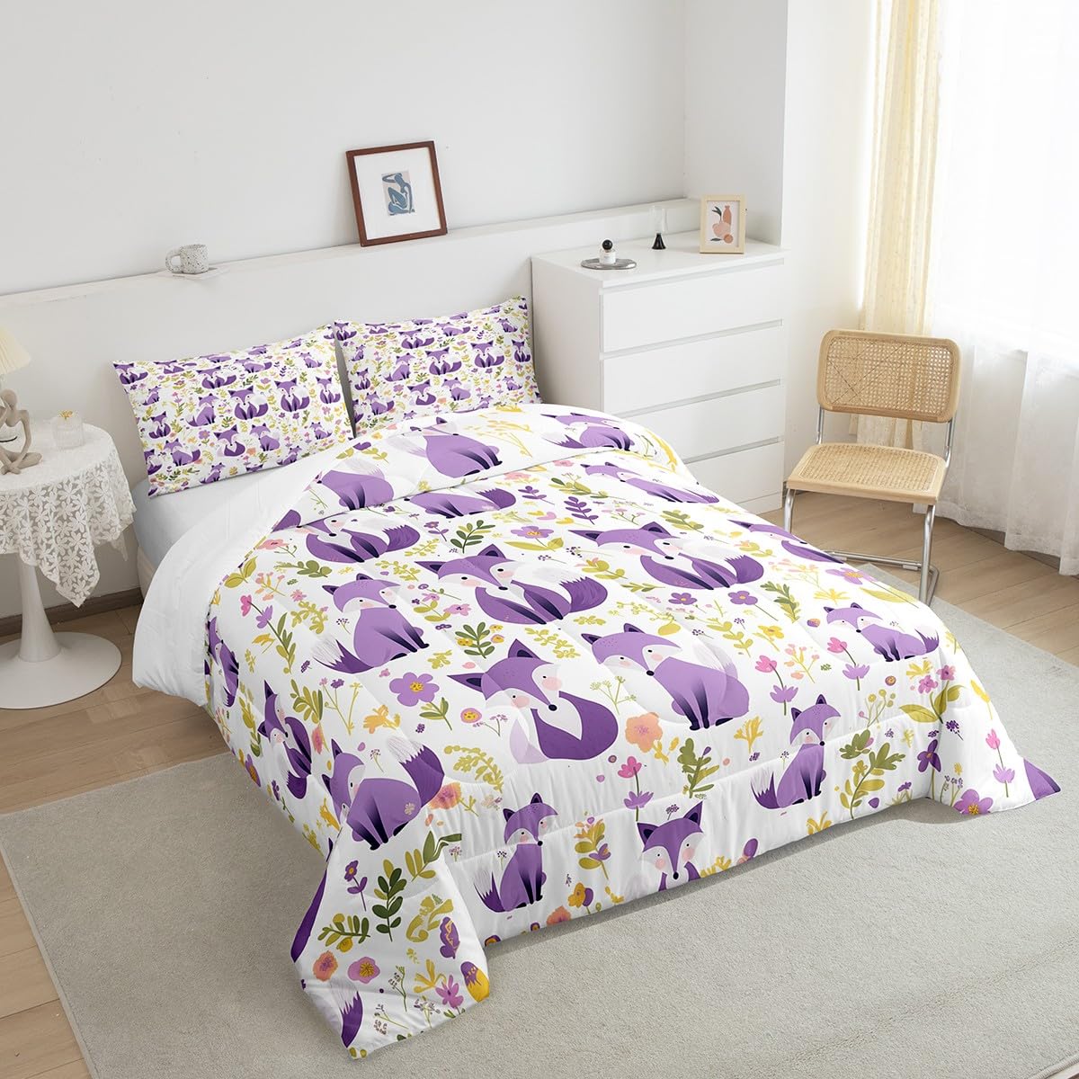 Feelyou Purple Fox Comforter Set Twin Size Kids Cute Cartoon Fox Bedding Set for Boys Girls Teens Animal Floral Comforter Breathable Woodland Fox Duvet Set Nature Wildlife Quilt Set