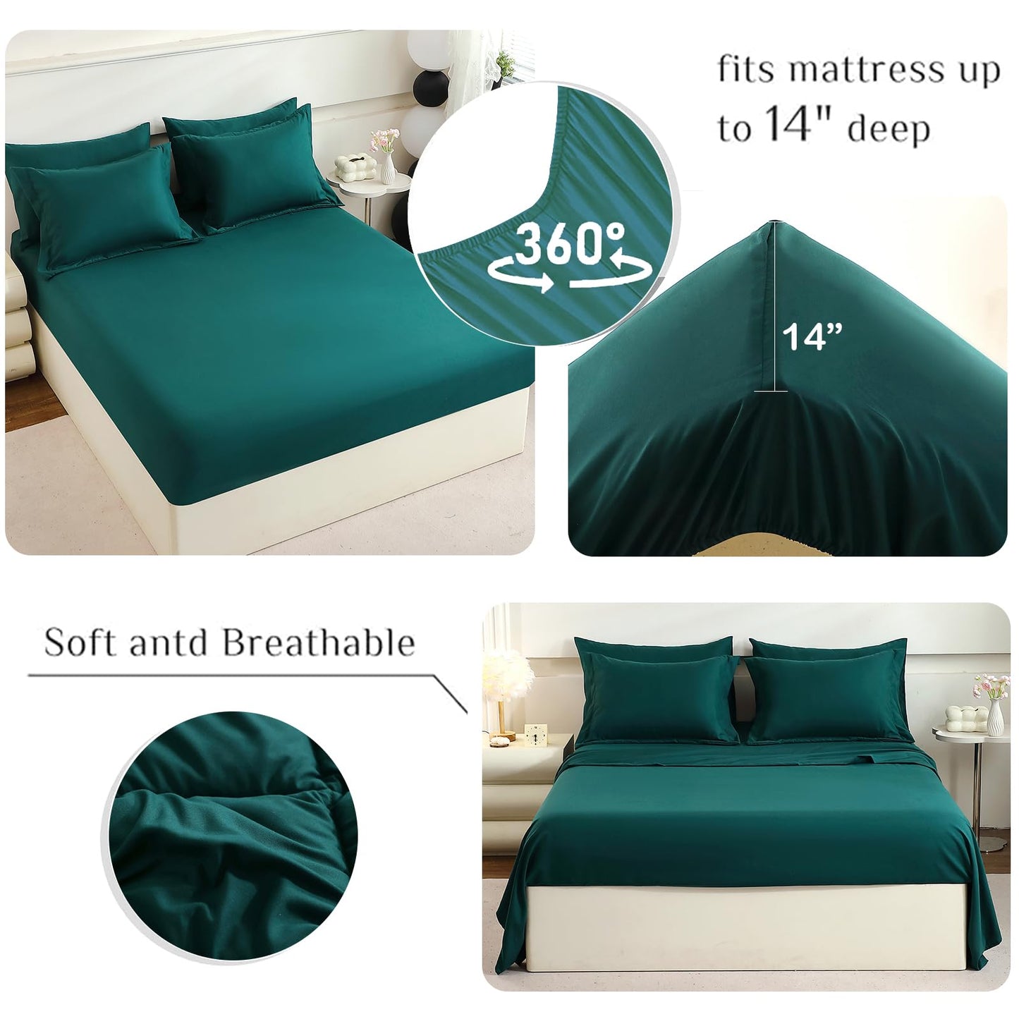 FISHDRU Bed in a Bag 7 Pieces, Luxury Soft Bed Set for All Seasons, Bedding Set with Down Alternative Comforter, Sheets, Pillowcases & Shams (Green, Queen)