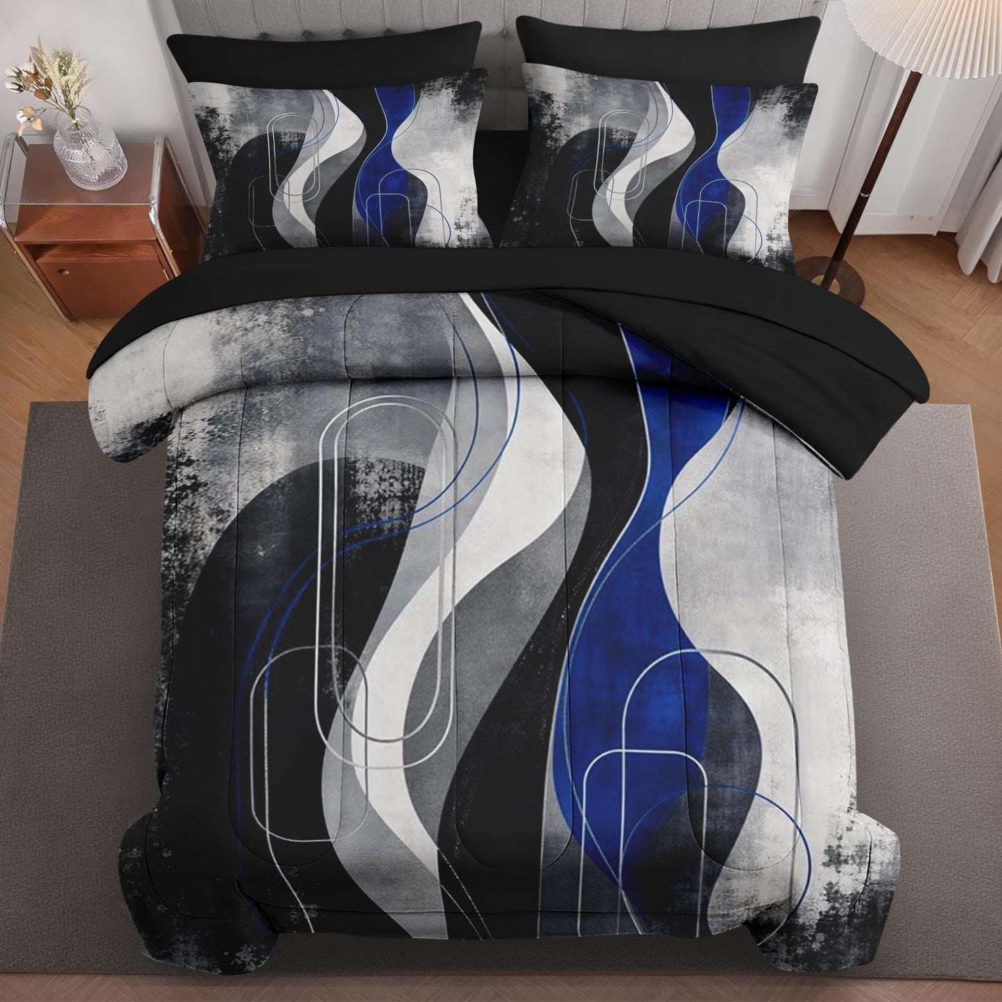 Boewywh Comforter Set Twin Size Abstract Modern Blue 7 Pcs, Bedding for Kids and Adults, Bed Sheet Sets with Fitted Sheet 2 Pillowcases & 2 Shams for Bedroom Bed Decor