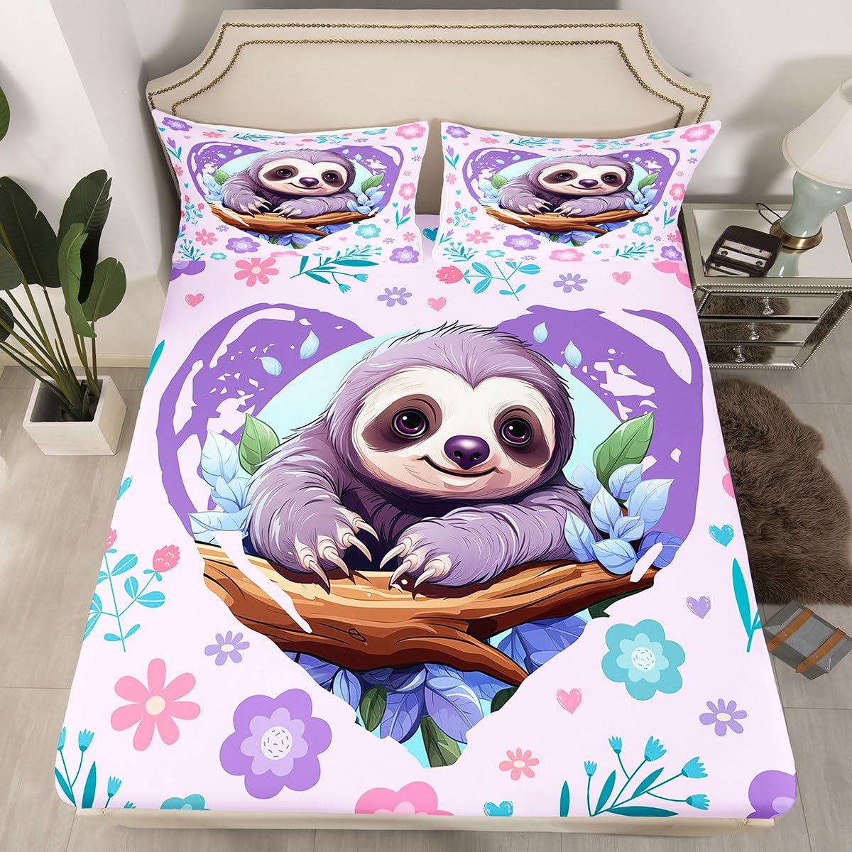 Manfei Cute Sloth Bed Sheet Set Twin Size,Kawaii Wild Animal Jungle Branch Sheet Set Kids Teens,Nature Flowers Leaves Graffiti Purple Bedding Set with 1 Flat & 1 Fitted Sheet with 1 Pillow
