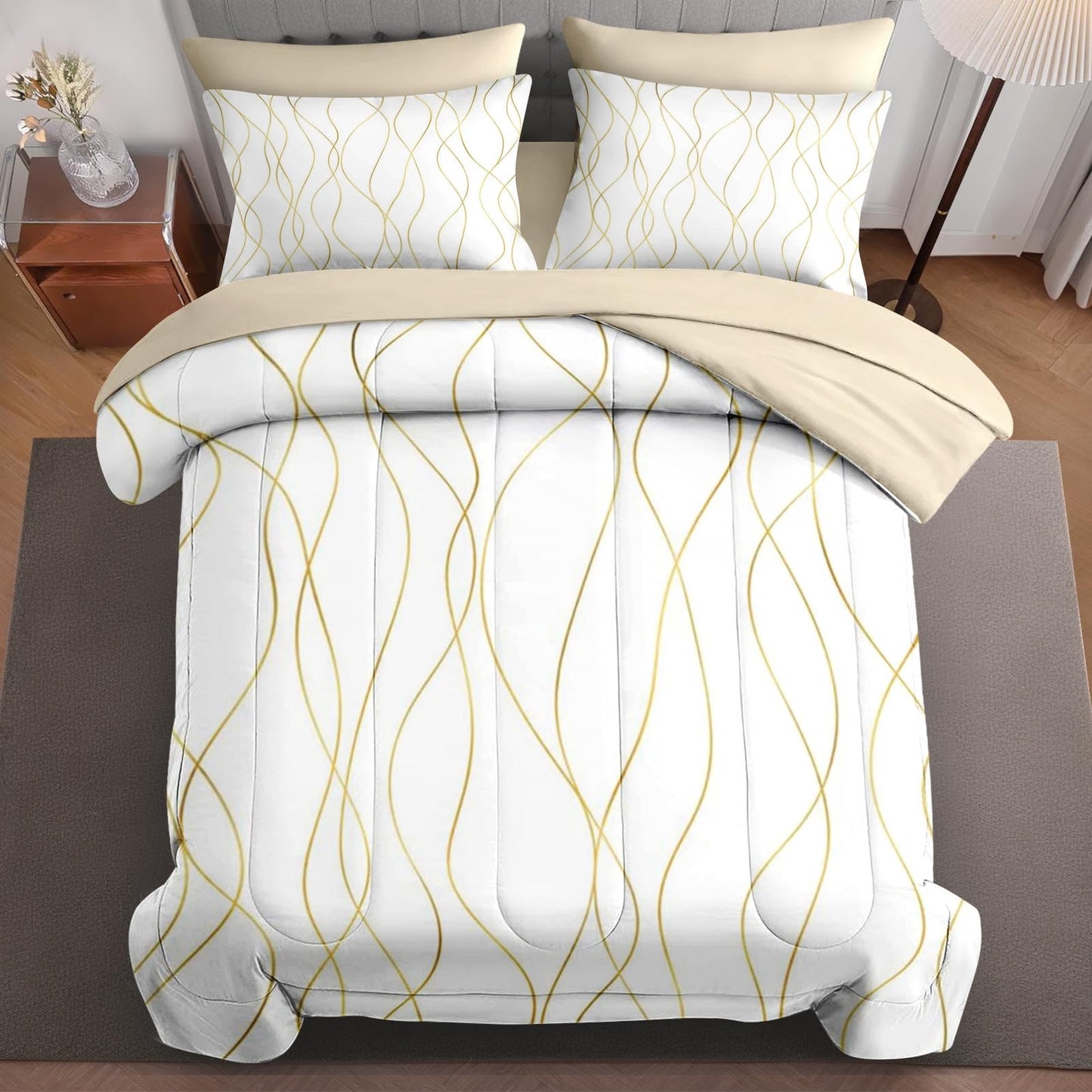 Boewywh Comforter Set Twin Size Gold Abstract Modern 7 Pcs, Bedding for Kids and Adults, Bed Sheet Sets with Fitted Sheet 2 Pillowcases & 2 Shams for Bedroom Bed Decor