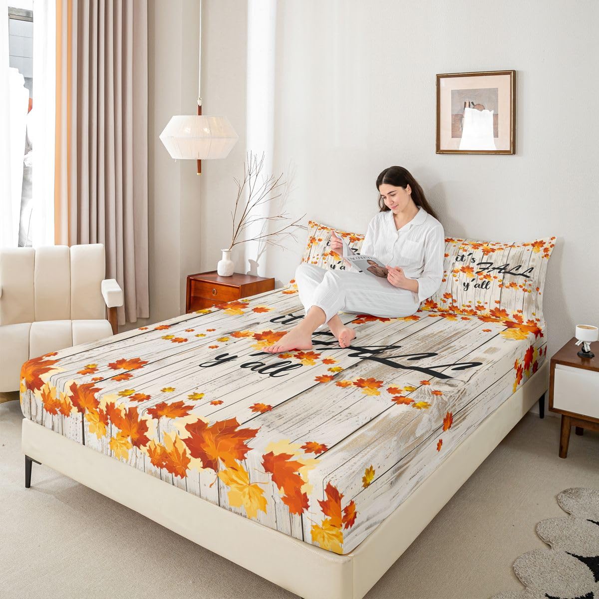 Fall Maple Leaves Sheet Set Queen Autumn Nature Botanical Bed Sheets Rustic Farmhouse Fall Bedding Set For Kids Adults Soft Breathable Fitted Sheet Orange Gold Beige Flat Sheet 2 Pillow Cases