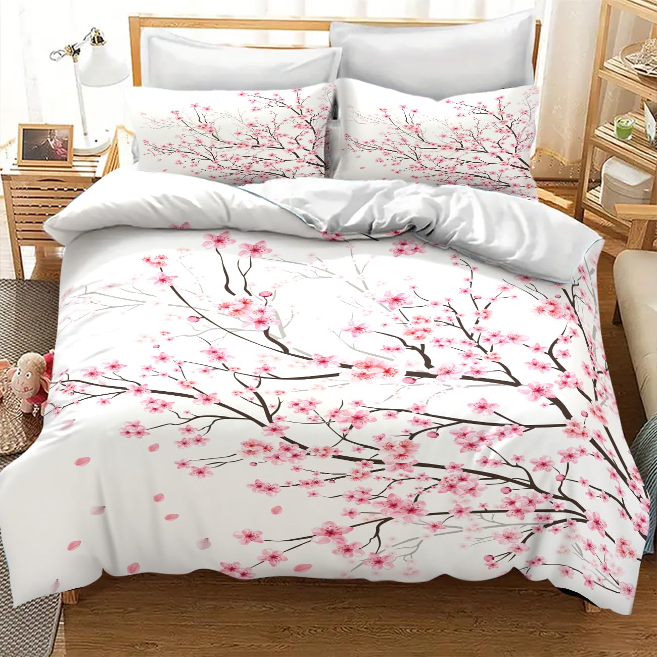 Lnepty Pink Cherry Blossom Bedding Set,Retro Japanese Flower Tree Branches Blooming Spring Floral Traditional Asian Ink Painting Theme Comforter Set with Pillowcase for Bedroom Bed Decor,Twin 86"x70"
