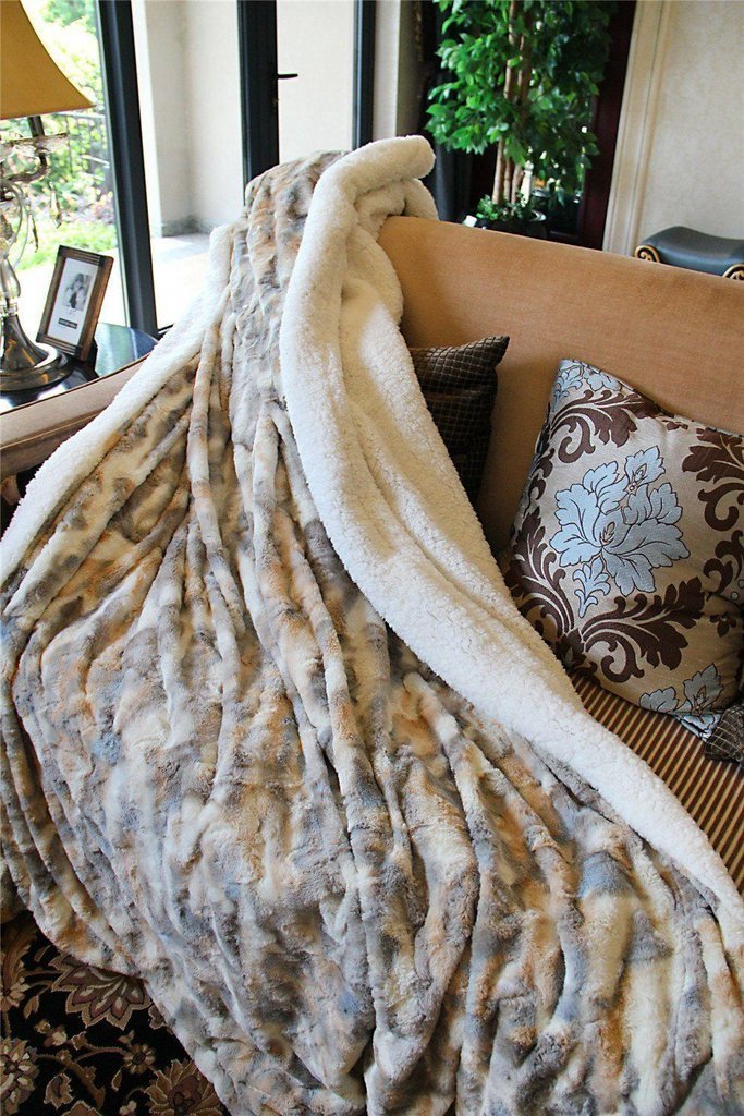 Tache Luxurious Russian Lynx Brown Throw Super Soft Warm Faux Fur with Ivory Sherpa Back Blanket - 50x60