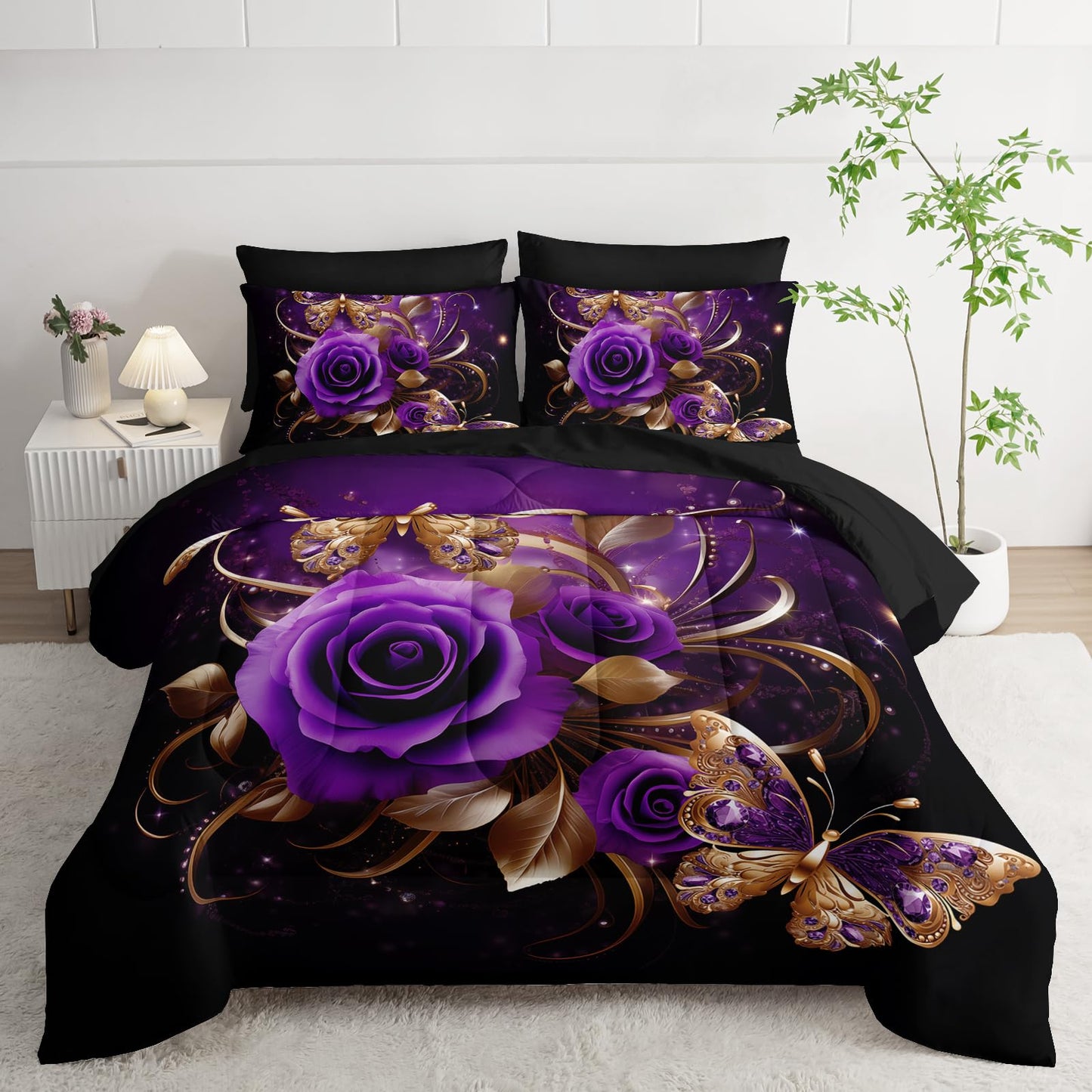 AILONEN Gold Purple Rose Flower Comforter Set Queen - 7Pcs Soft Floral Butterfly Bed in a Bag -Girls Rose Comforter,Fitted Sheet,Flat Sheet,2 Pillowcases,2 Pillow Shams for Women