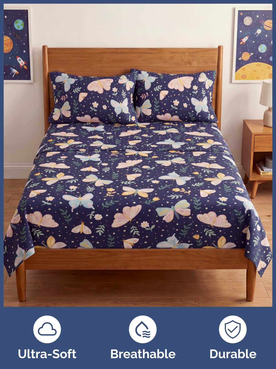 CGK Unlimited Kids Moonlit Butterflies Queen 4 Piece Sheet Set - Boys, Girls, Teens, Toddler - Easy Fit Deep Pockets - Soft, Cooling & Breathable Sheets - Cozy, Fade & Wrinkle Free - Machine Washable