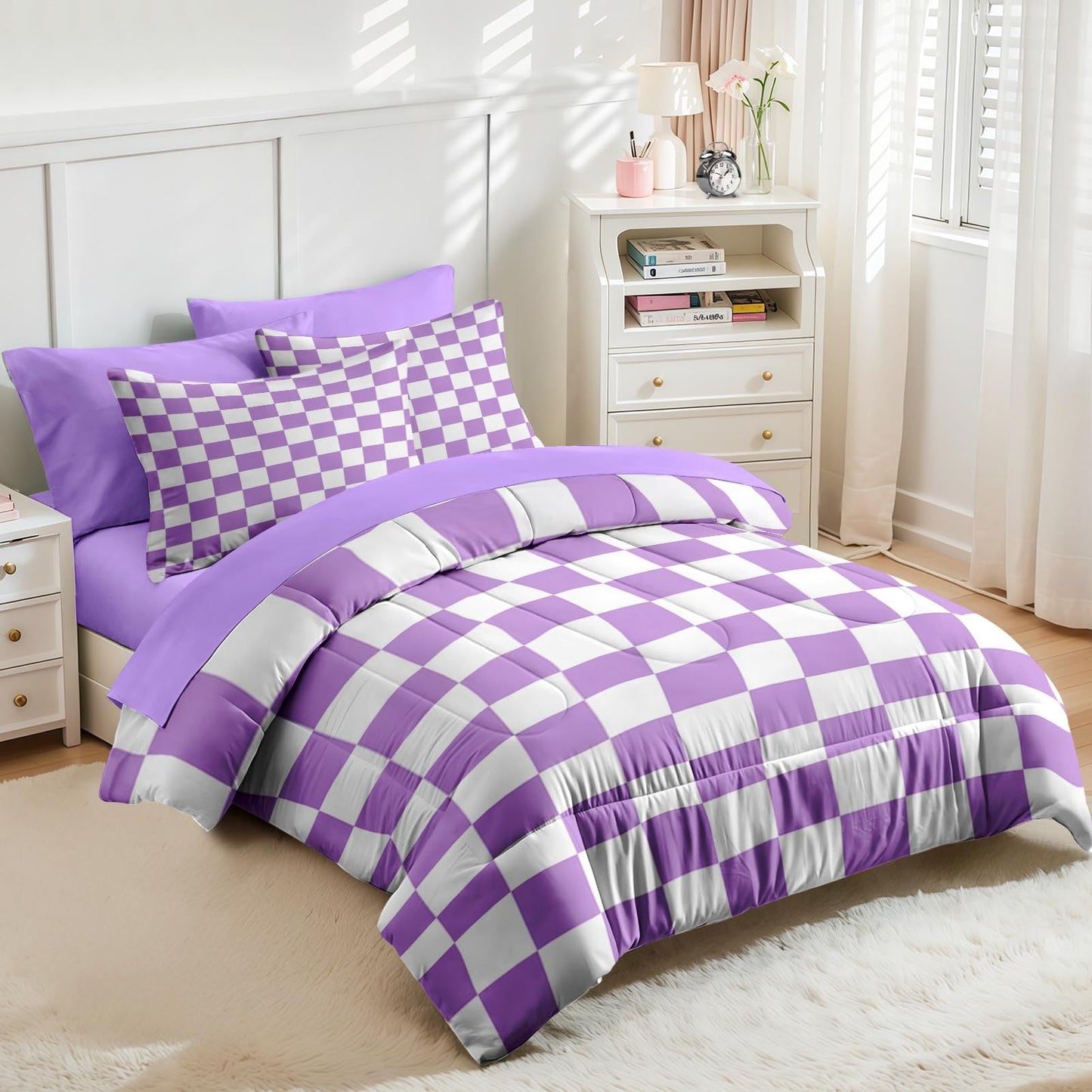 Nesker Comforter Set Queen Size, Purple Plaid Gingham 7 Pcs Bedding for Kids and Adults, Checkerboard Grid Bed Sheet Sets with Fitted Sheet 2 Pillowcases & 2 Shams