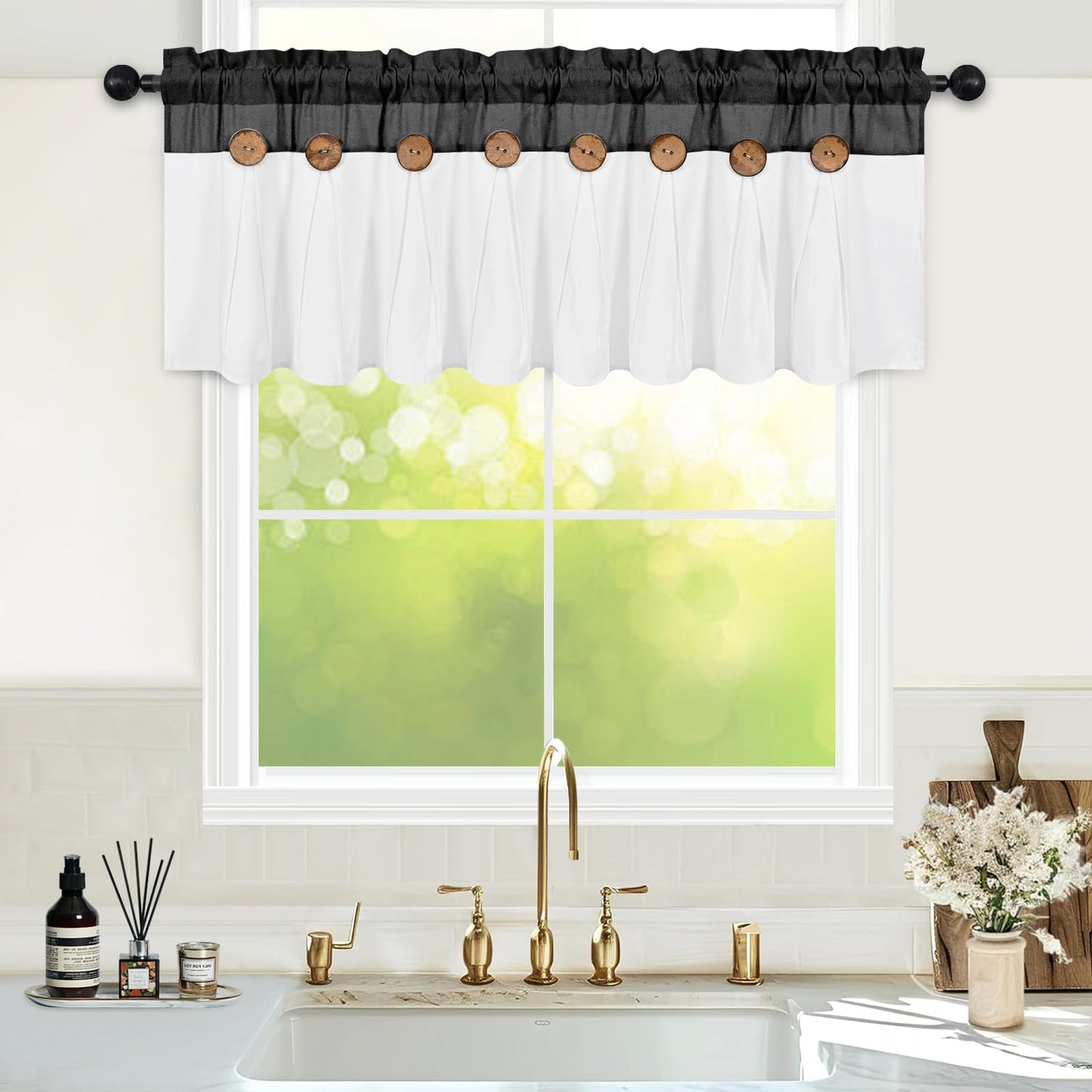 FRAMICS Farmhouse Valance Curtains, Boho Cotton Linen Kitchen Valance, Black Rustic Button Window Valance for Kitchen Bathroom Bedroom, Country Rod Pocket Valances for Windows, Black, 52 x 18 Inch