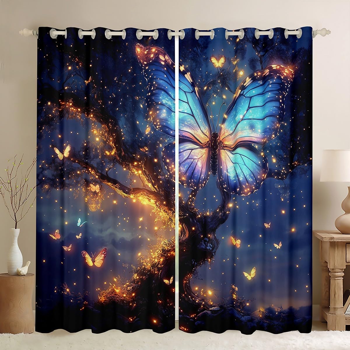 Feelyou Tree of Life Blackout Curtains (2 Panels, 42 x 63 Inch) Butterfly Darkening Drapes Boho Curtains for Bedroom Living Room