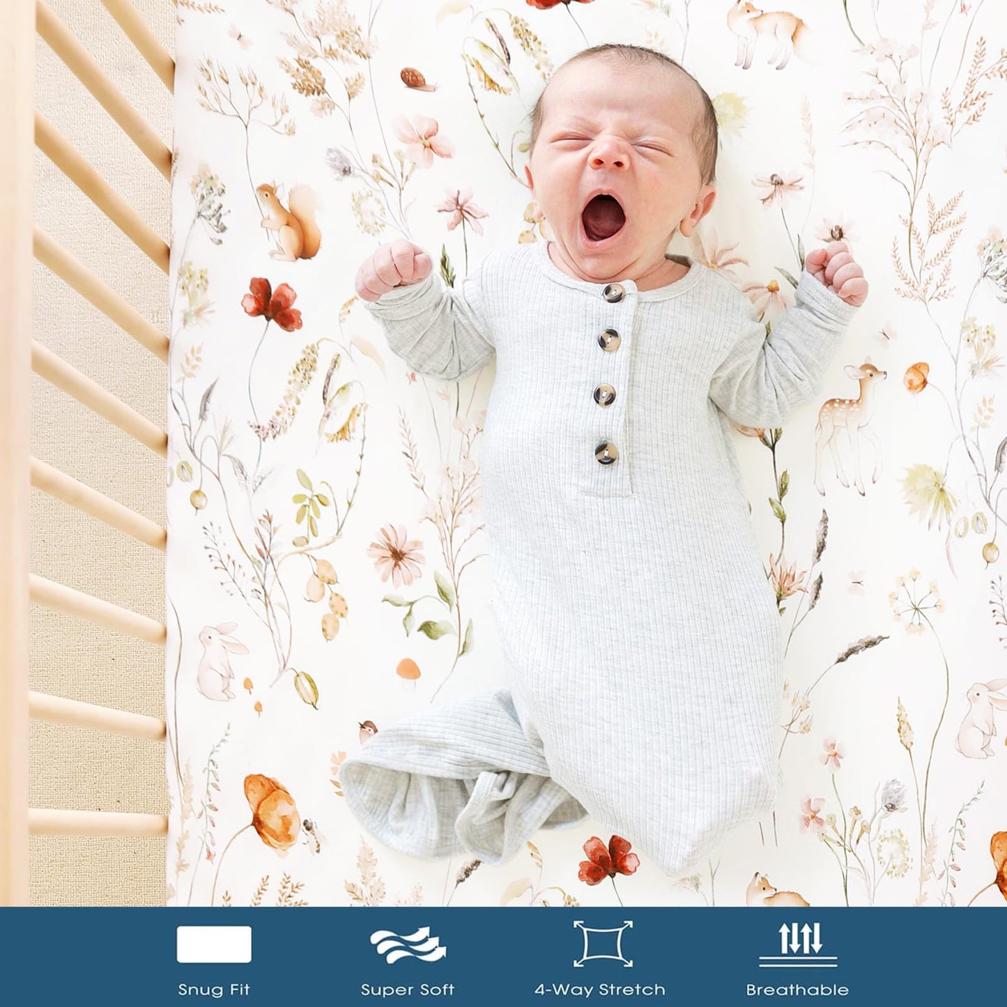 GRSSDER Stretchy Ultra Soft Jersey Knit Pack and Play Sheets 2 Pack, Portable/Mini Crib Sheets Universal Fitted for Playpen Mattress Safe and Snug, Beautiful Pink Floral and Cute Animals Print