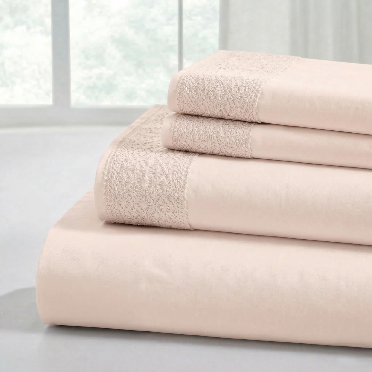 Modern Threads 4 Piece Microfiber Sheet Set – Soft Cooling Bed Sheets with Crochet Lace – Deep Pocket, Wrinkle Free, Breathable, Hotel Luxury Bedding, Blush Pink, Queen