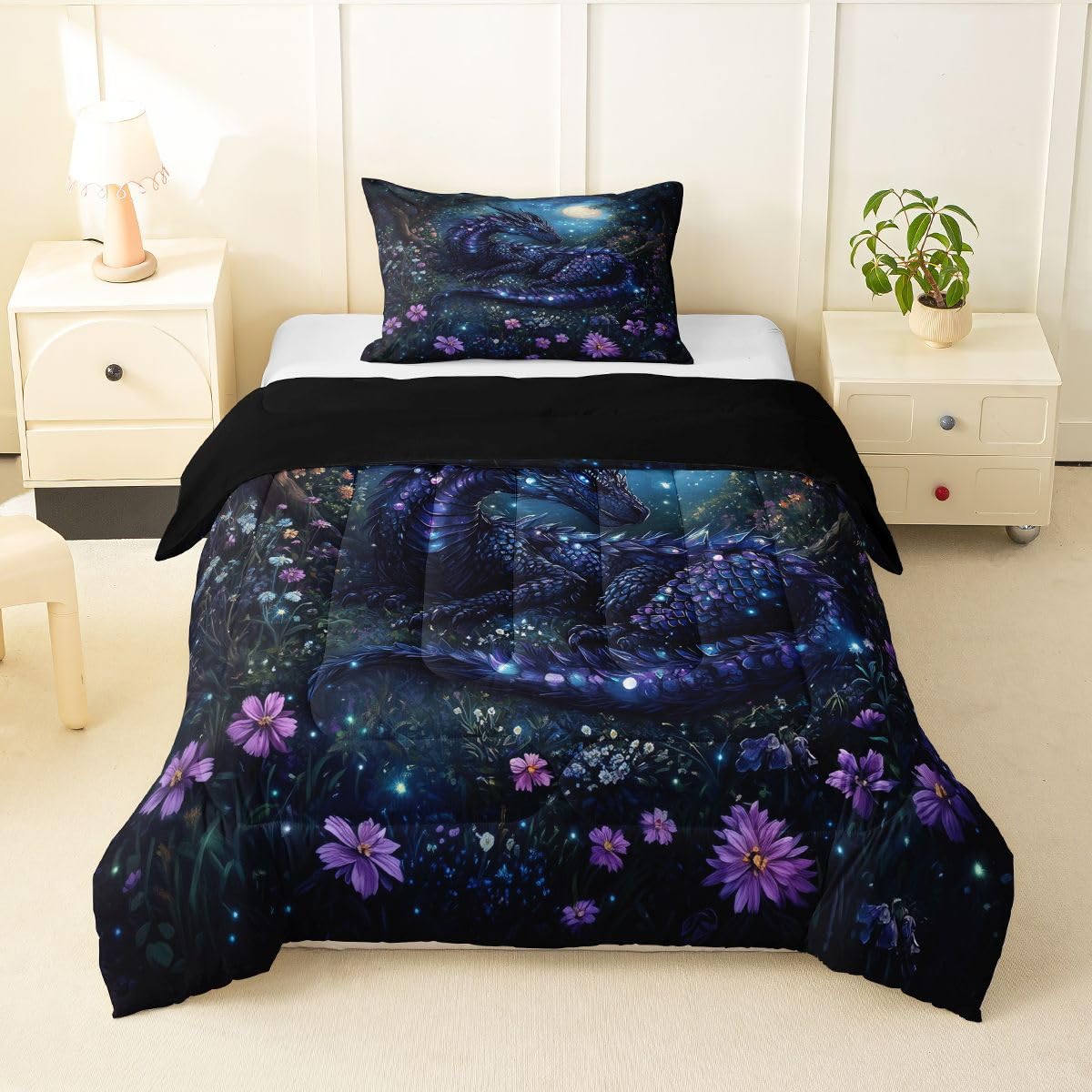 Feelyou Dragon Bedding Set Soft for Boys Girls, Jungle Dragon Comforter Set Twin Size Magical Beast Duvet Quilt Microfiber Fantasy Animal Bedroom Decor Wild Life 2 Pcs with 1 Pillow Cases