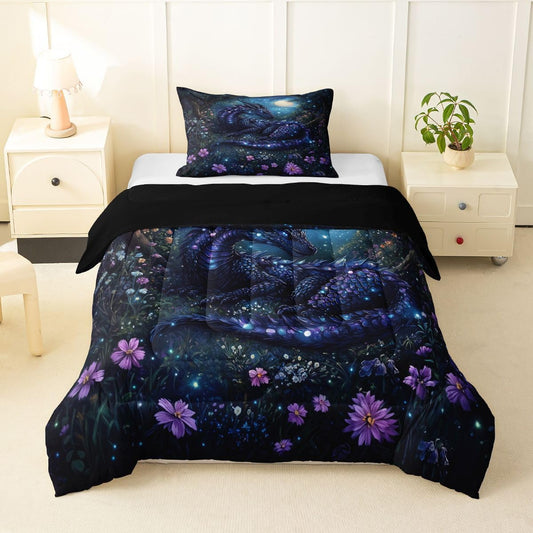 Feelyou Dragon Bedding Set Soft for Boys Girls, Jungle Dragon Comforter Set Twin Size Magical Beast Duvet Quilt Microfiber Fantasy Animal Bedroom Decor Wild Life 2 Pcs with 1 Pillow Cases