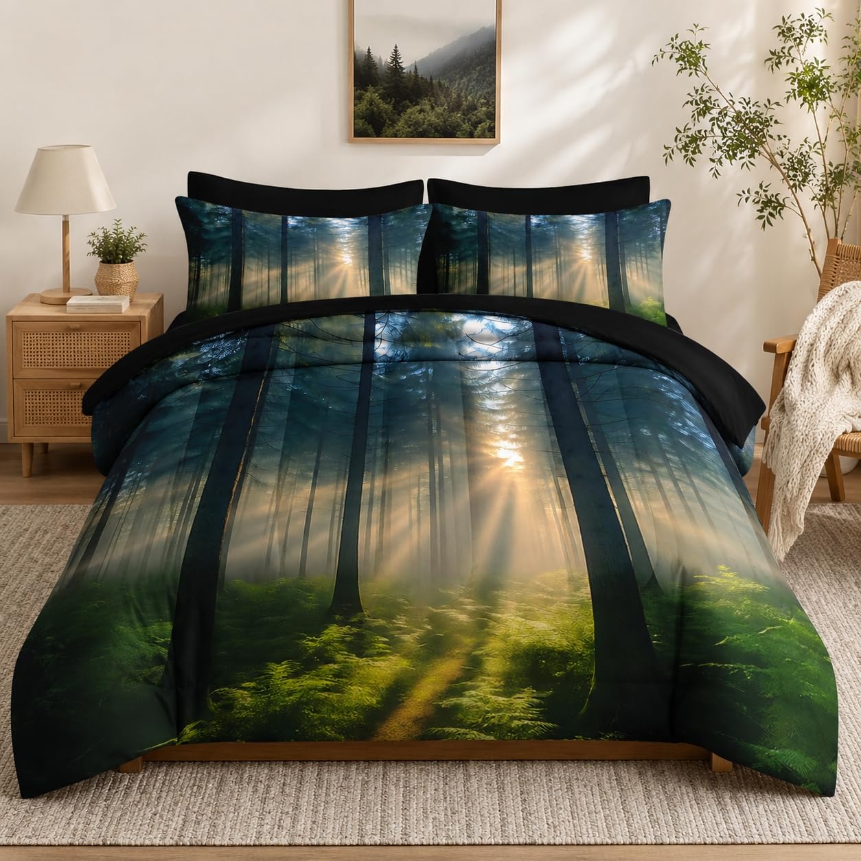 Nesker Comforter Set Queen Size, Sunlit Forest Nature 7 Pcs Bedding for Kids and Adults, Misty Tree Forest Bed Sheet Sets with Fitted Sheet 2 Pillowcases & 2 Shams