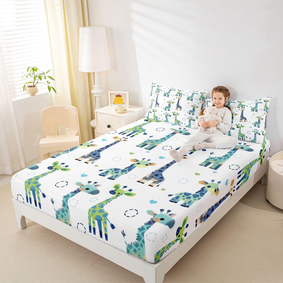 Erosebridal Giraffe Sheet Set Full Cartoon Kawaii Bed Sheets for Kids Boys Girls Geometric Circle Flat Fitted Sheet Contemporary Sheets 3 Pcs