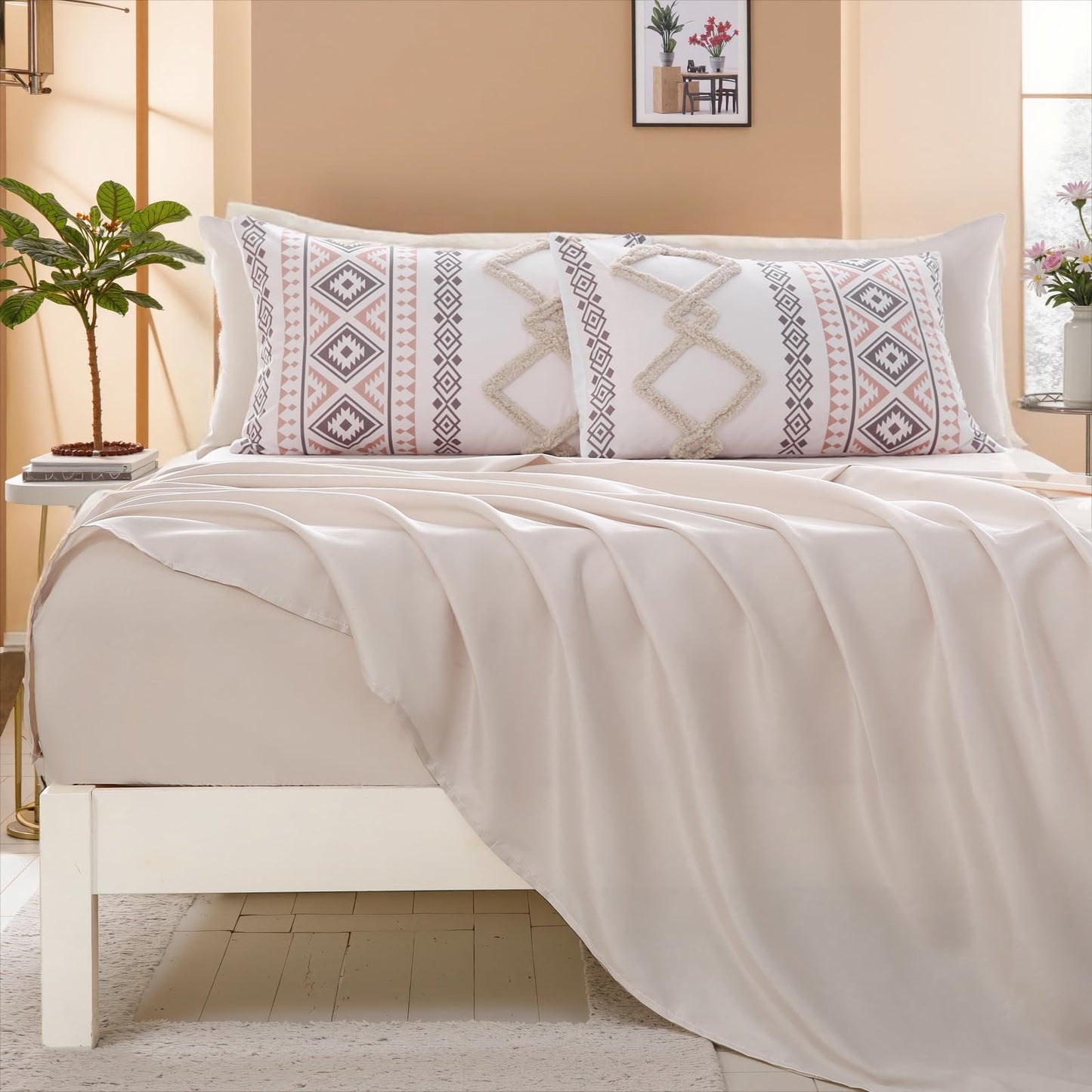 MOVE OVER Beige Tufted Comforter Set Queen Size 7 Pieces Farmhouse Bedding Set Boho Aztec Comforter Set and Sheet Set Mid Century Boho Tufted Comforter Set for All Seasons