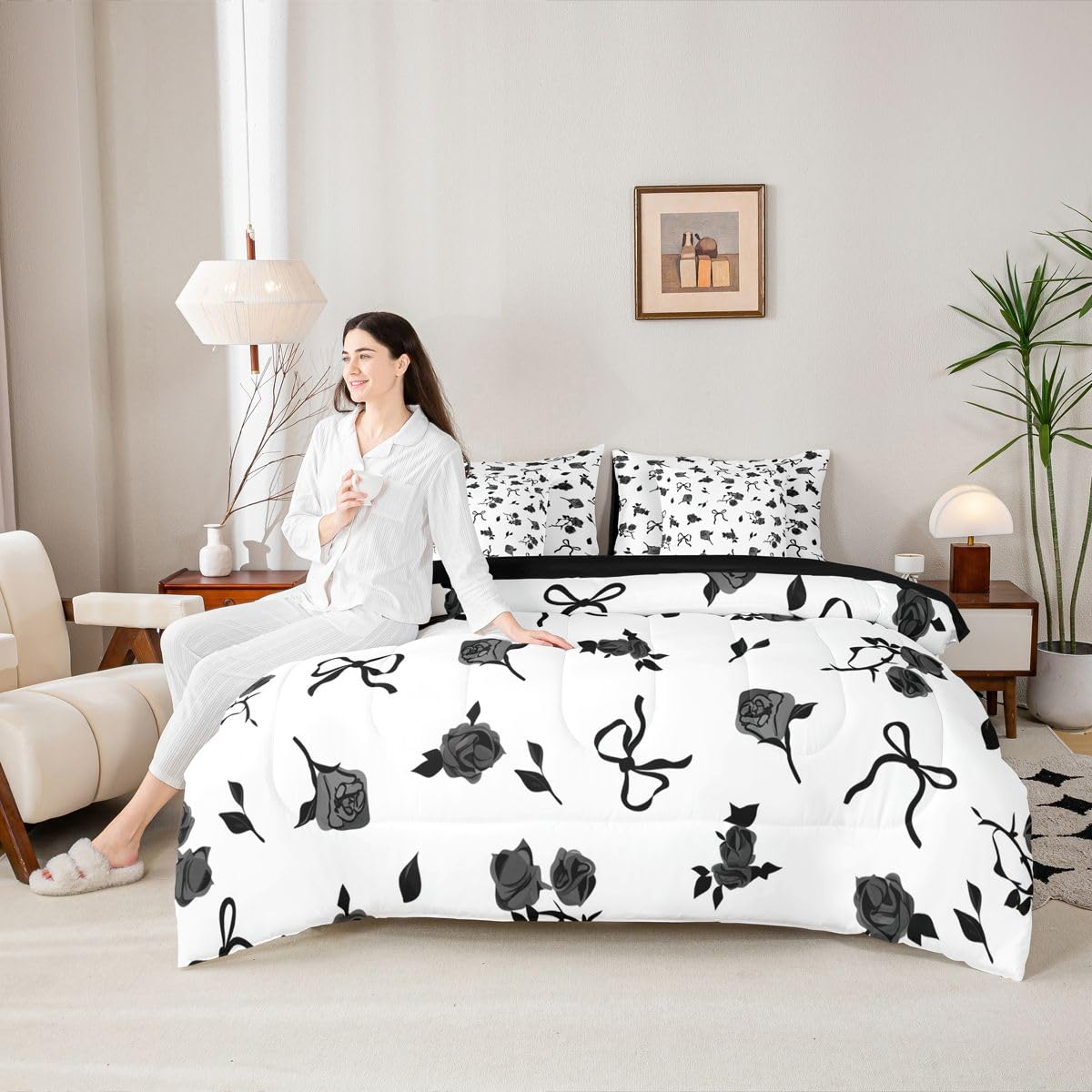 Erosebridal Princess Bowknot Full Size Comforter Set,Black Bow Rose Floral 7-Piece Bed in A Bag,Fantasy Sheets and Pillowcases,Ribbon Bow Knot Bedding Set Room Decor