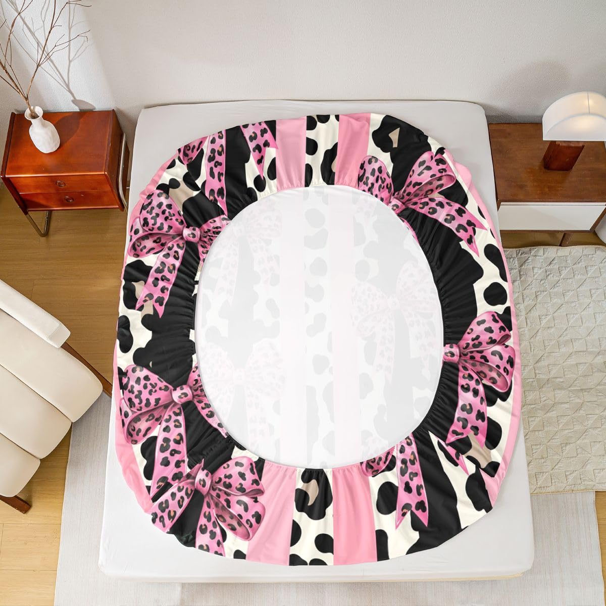 jejeloiu Girls Pink Bow Fitted Sheet with 1 Pillowcase Twin Size Leopard Bowknot Bed Sheets Set 16" Deep Pocket Boys Girls Striped Coquette Bow Bedding Teens Bedroom Decor Breathable