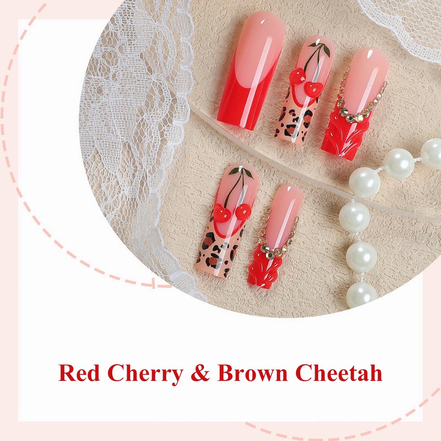 MISUD Press on Nails - Long Square Fake Nails with Red French Tip, Acrylic Cherry Cheetah Design 24 pcs