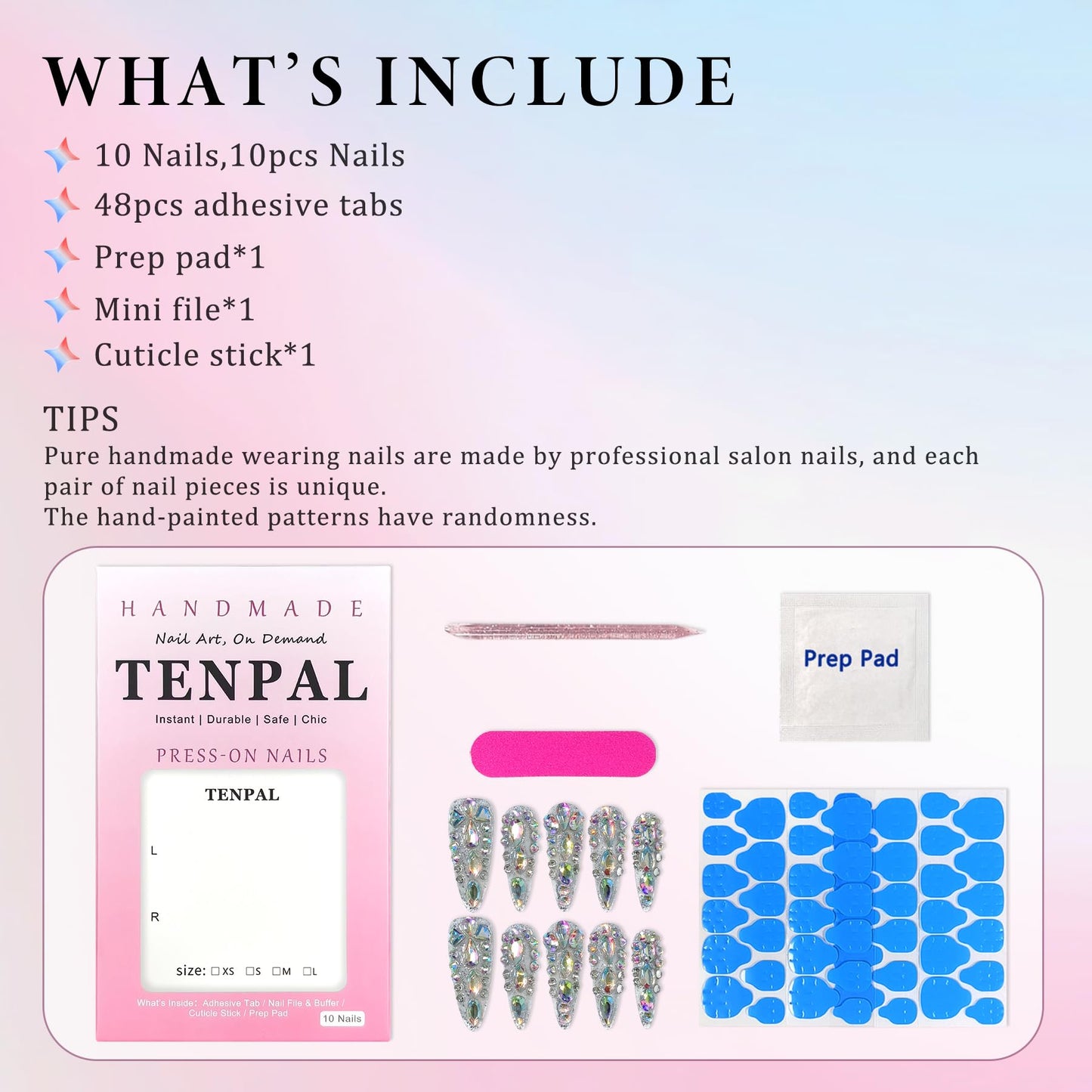TENPAL 10Pcs Luxury Press On Nails Long Stiletto,Full Cover Crystal Glitter Fake Nail Set with Tools,Reusable Bride Wedding Nails for Bridal Party Bachelorette,Statement Making Glamorous Nail(XS)