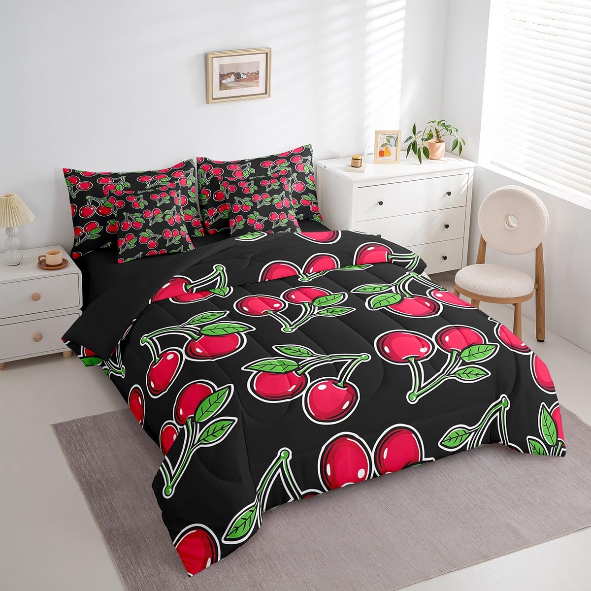 Erosebridal Cherry Comforter Set 7 Piece Bed in a Bag Twin,Kawaii Red Cherry Fruit Bedding Sets Novelty Tropical Food Comforter and Sheet Set,Botanical Leaf Green Plant Leaves Bed Set