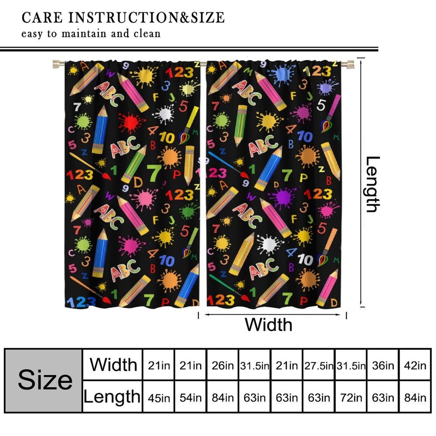 JanJCurt Back to School Curtains, Colorful Doodle Pencils ABC Numbers Cartoon Cute Supplies Stationary Print Window Treatments Curtains for Kids Bedroom Classroom, 42x45 (No Blackout)