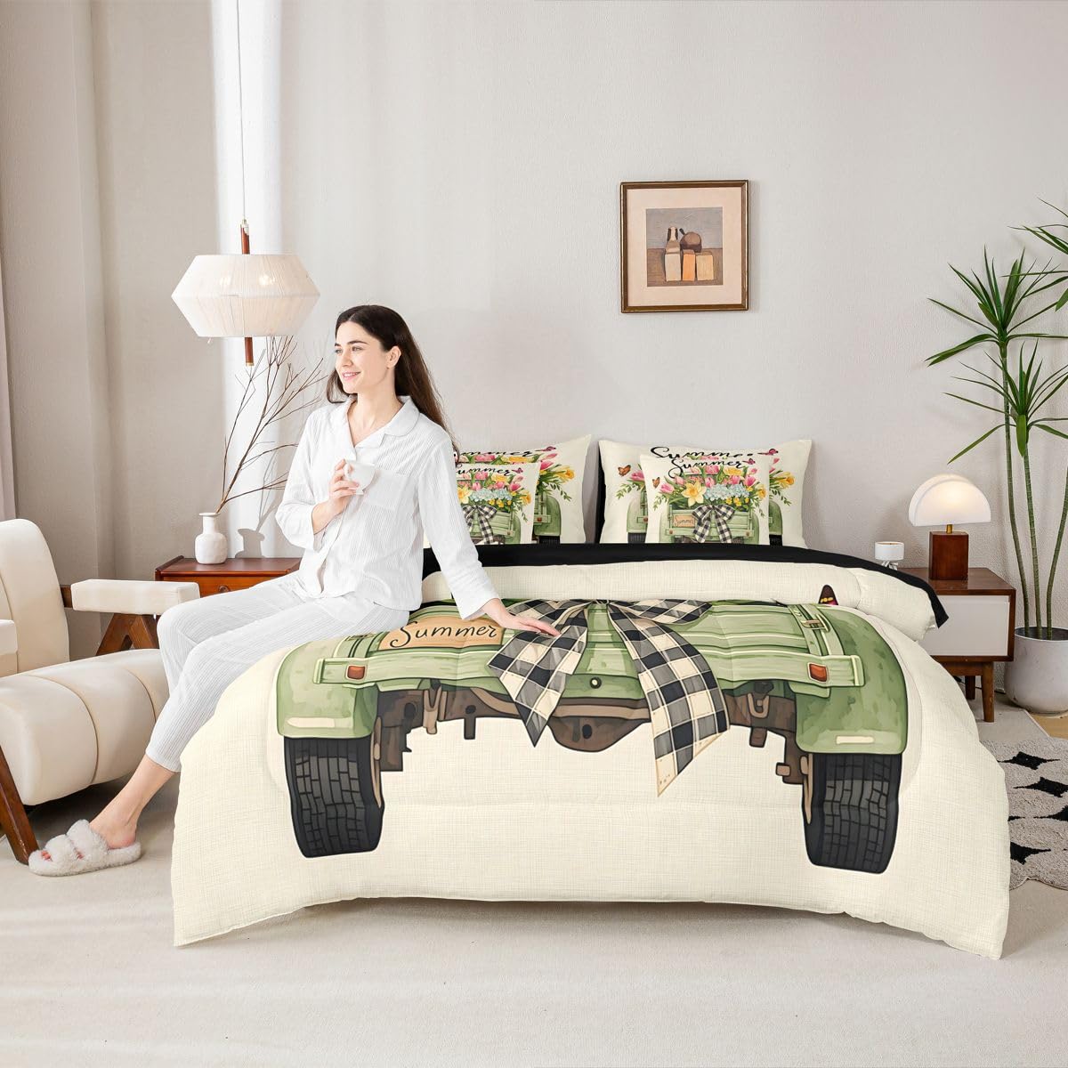 Erosebridal Floral Truck Queen Bedding Set Vintage Bow Green Pickup Comforter Set with Flat and Fitted Sheet Girls Women Summer Blooming Flower 7-Piece Bed in a Bag Countryside Farm Quilt Sets