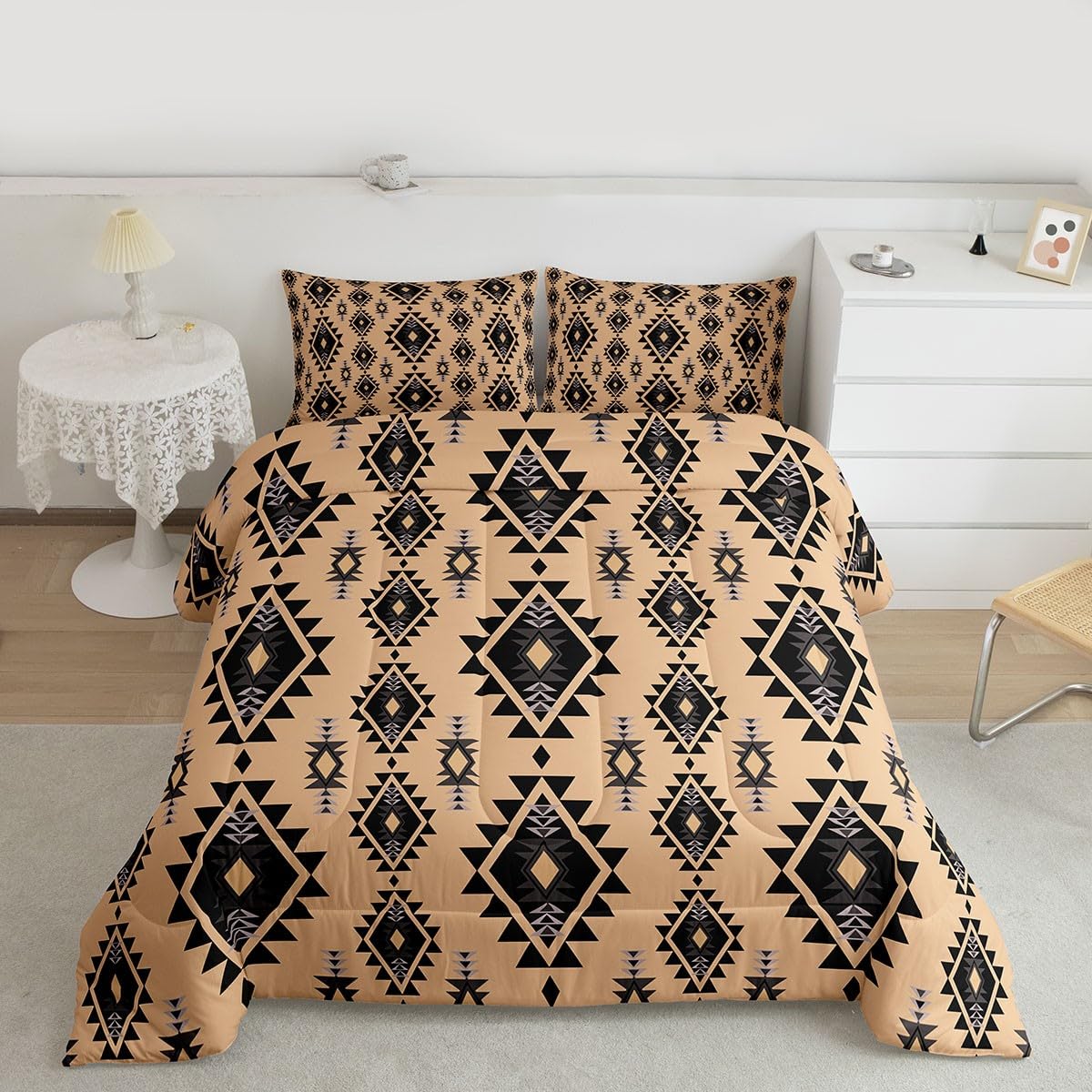 jejeloiu Boho Western Comforter Set Queen Size Bohemian Southwestern Bedding Set for Kids Boys Girls Aztec Decor Duvet Quilt Country Bedroom Farmhouse 3 Pcs with 2 Pillow Cases