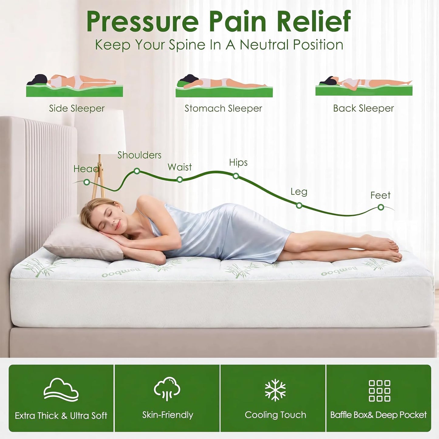 Queen Mattress Topper Viscose Derived from Bamboo, Cooling Thick Pillow Top Mattress Pad with Deep Pocket for 8"-21" Mattress, Soft Breathable Mattress Topper for Back Pain Relief, Green