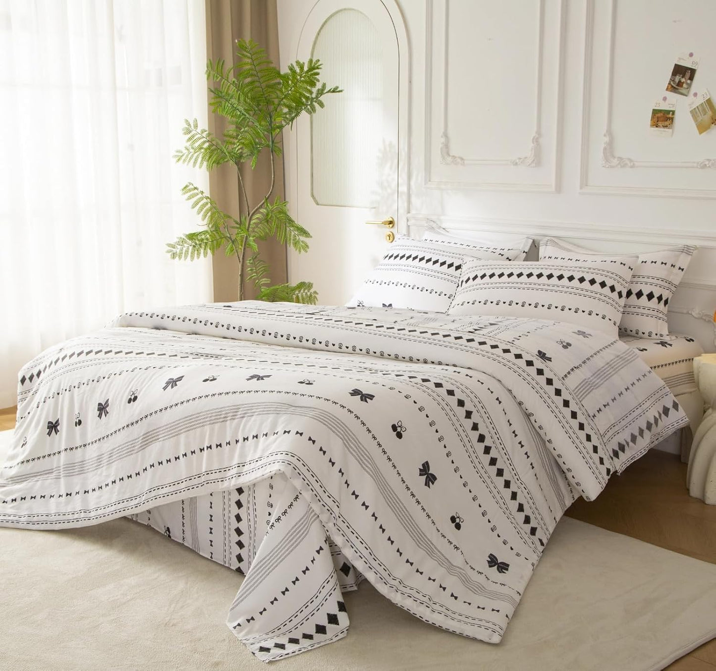 SDY Bow Floral Twin Size Comforter Set, Luxury Soft Bed in a Bag Twin 5 Pieces, All Season Bedding Set with Comforters, Sheets, Pillowcase & Sham