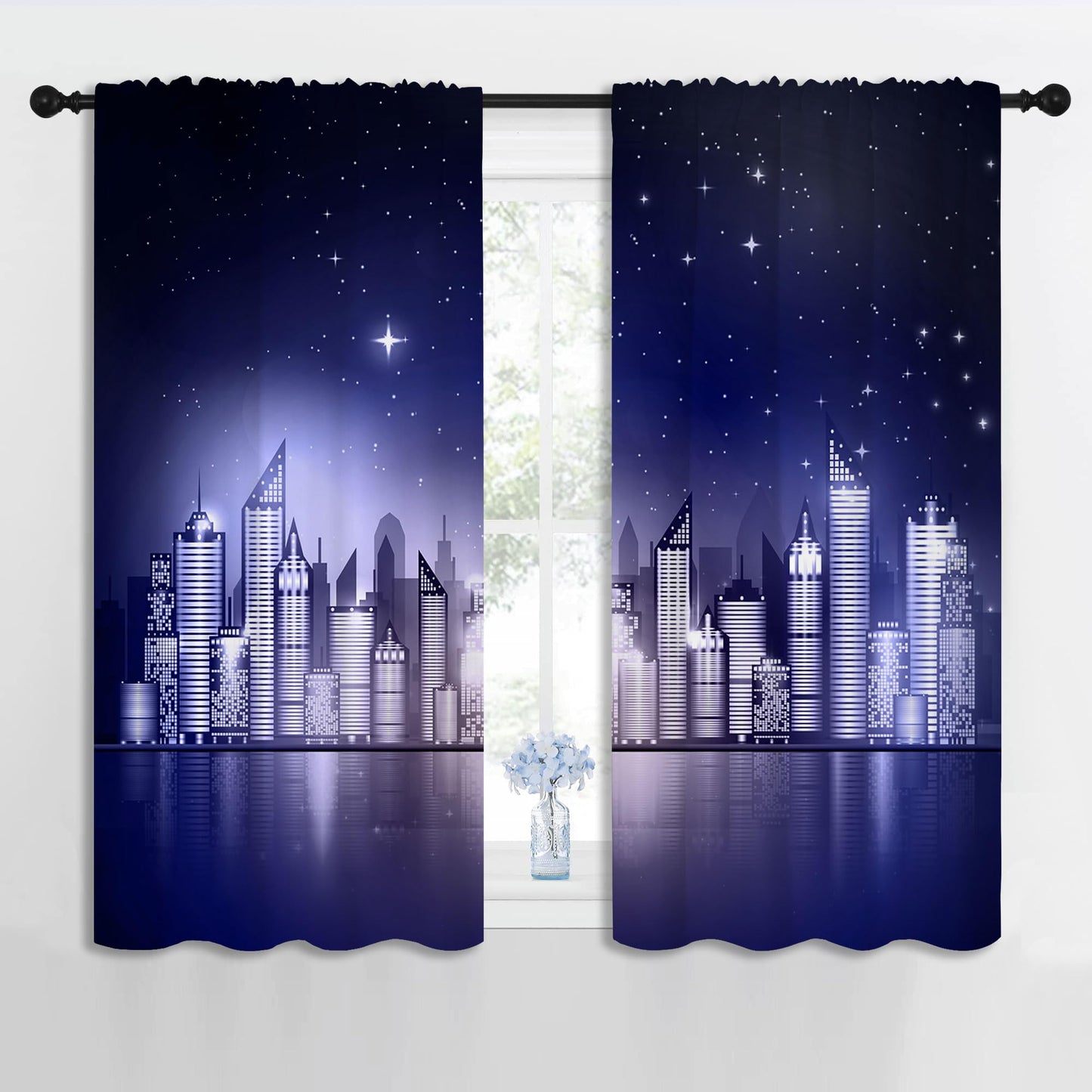 PYMATYTN City Rod Pocket Blackout Curtains for Boy Girl Bedroom, New York Skyline Modern City Starry Sky Night View Thermal Insulated Home Window Drapes for Living Room Darkening, 42x45 inch