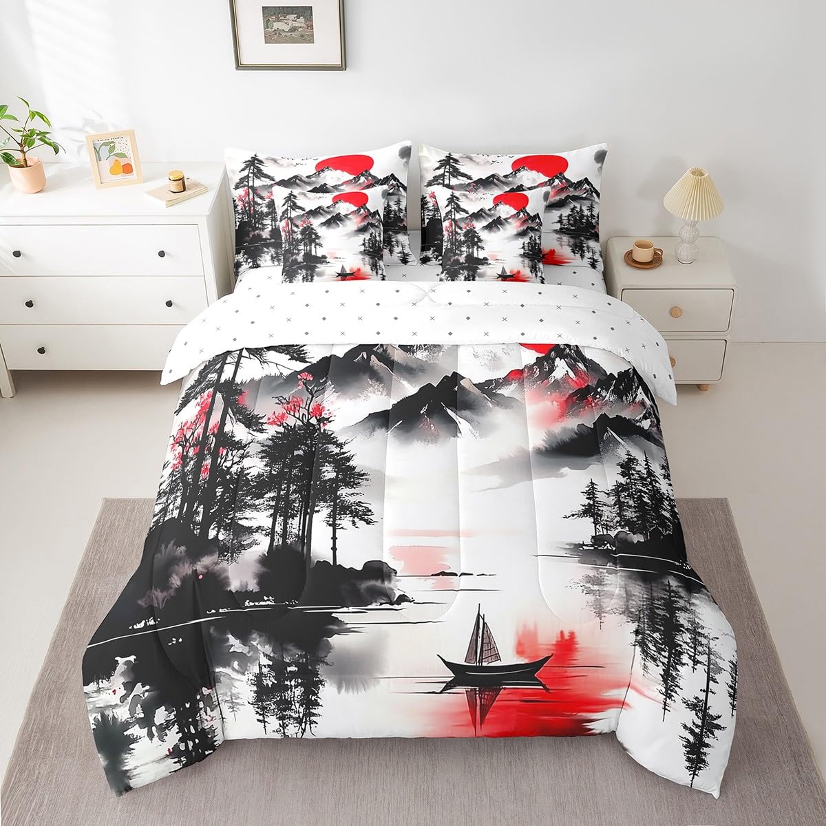 Erosebridal Oriental Style Queen Comforter Set 7 Piece,Rustic Mountain Themed Bedding Set with Sheets,Red and Black Aesthetic Bed Set Nature Scene Bed in a Bag with Fitted+Flat Sheet,Pillowcases