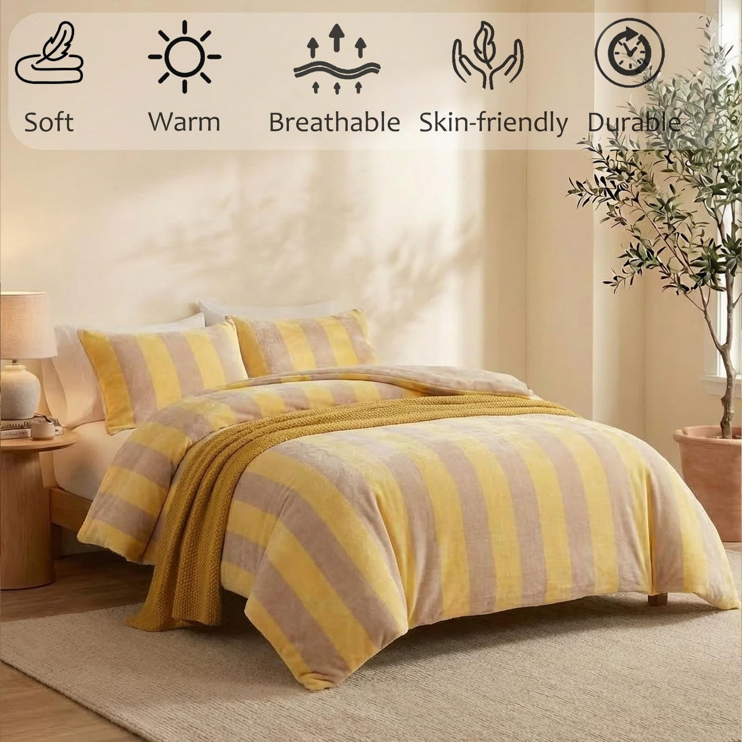 Bedbay Yellow Striped Comforter Set King Size Luxury Fleece Fluffy Comforter Set Plush Flannel Bedding Yellow Stripes Pattern Bed Set Soft Warm Velvet Bedding Comforter for All Seasons