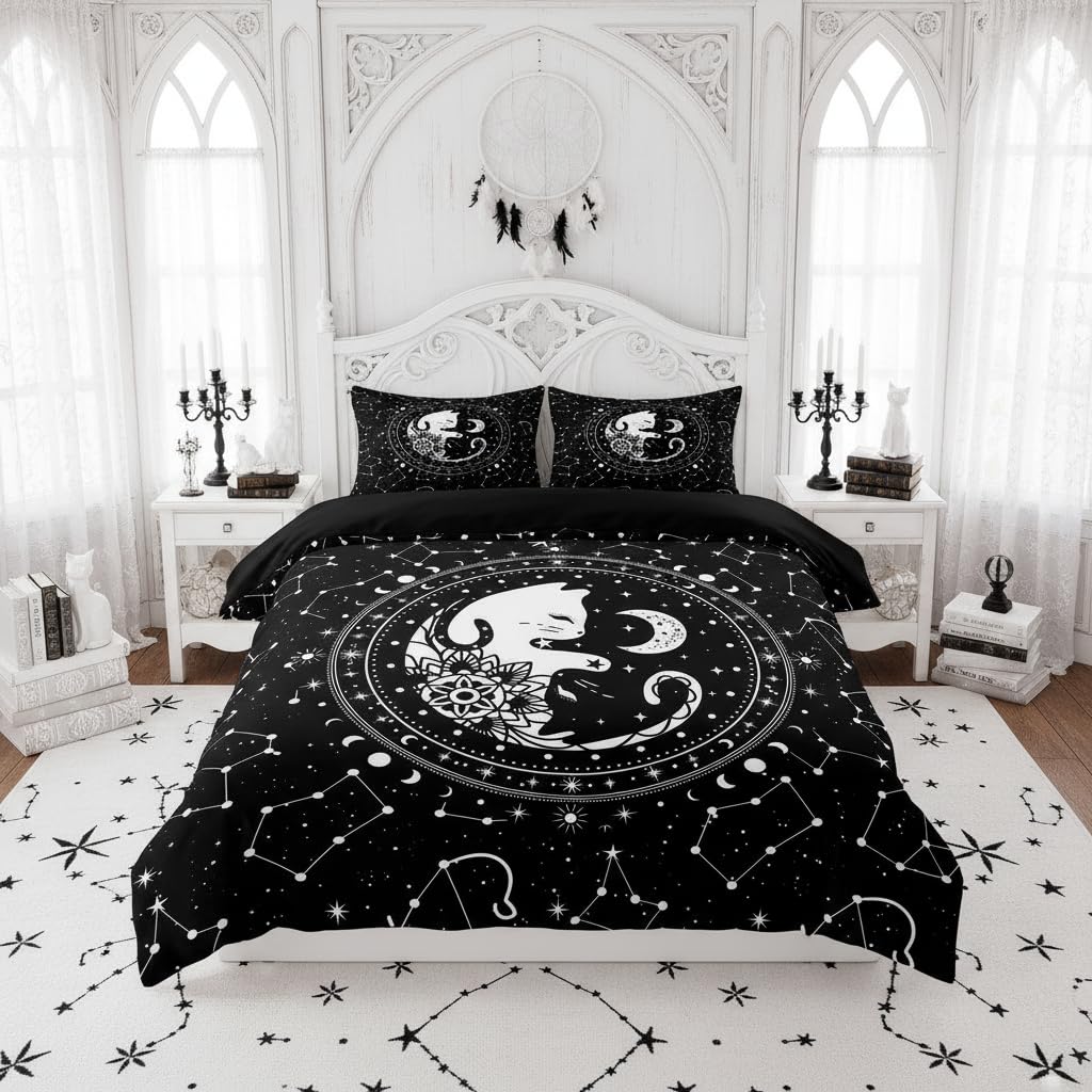 Tai Chi Cats Duvet Cover King,Gothic Starry Galaxy Moon Constellation Bedding Set 3pcs Kids Teens Boy Girls Room Decor,Animals Flower Plants Comforter Cover Black Exotic Quilt Cover with 2 Pillowcases