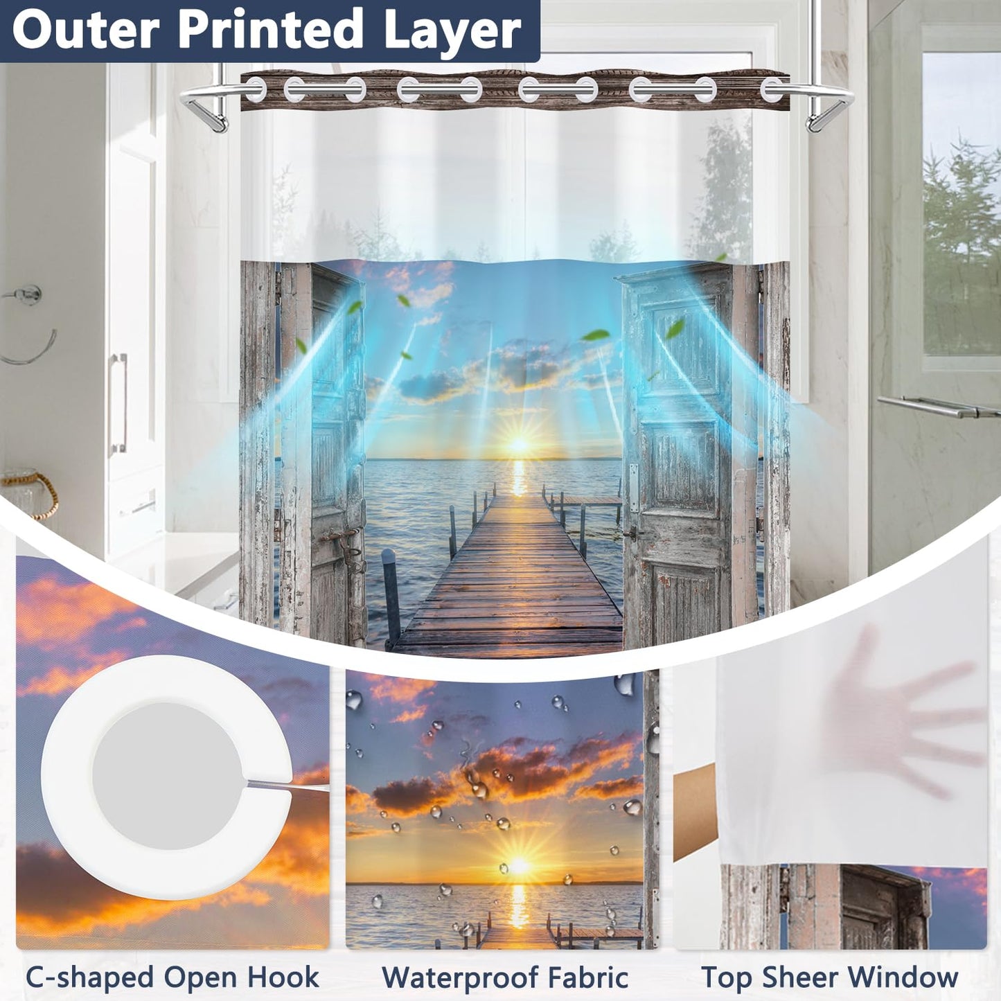 No Hook Beach Coastal Barn Door Shower Curtain with Snap in Fabric Liner, Waterproof Double Layers Washable Bathroom Curtain, Nautical Sunset Seaside Shower Curtains with Top Sheer Window, 71x74 Inch