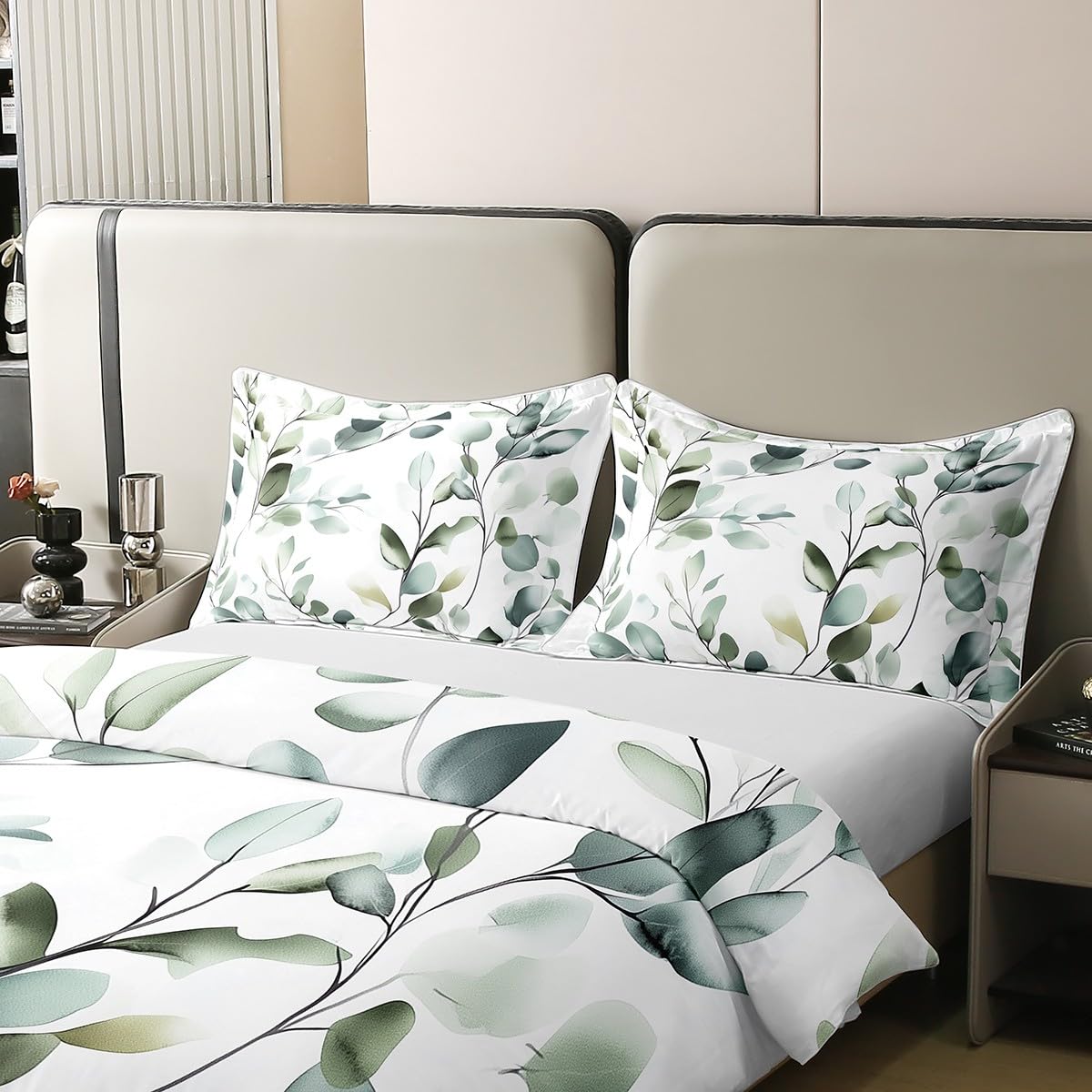 Erosebridal Sage Green Full 100% Cotton Duvet Cover, Spring Botanical Leaves Bedding Set for Kids Teens Adults Women Men, Watercolor Plants Comforter Cover, Mint Green Chic Artistic Bedclothes
