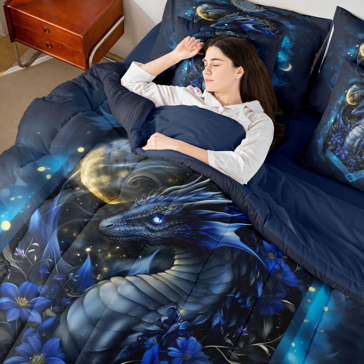 Feelyou Dragon Twin Comforter Set with Sheets for Kids Boys Girls Wild Life 7 Pieces Bedding Set Jungle Dragon Bed in a Bag Wild Animal Room Decor Dull Blue Soft Lightweight Microfiber