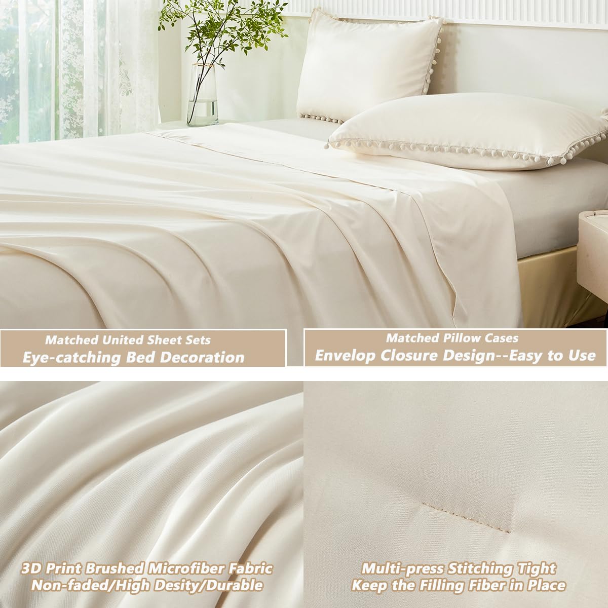 PERFEMET Girls Comforter Set Twin Size Beige Cream 5 Pieces Boho Pom Pom Bed in A Bag with Sheets Ultra Soft Lightweight Fluffy Beige Solid Bedding Set Matching 2 Pillowcases(Beige Cream, Twin)