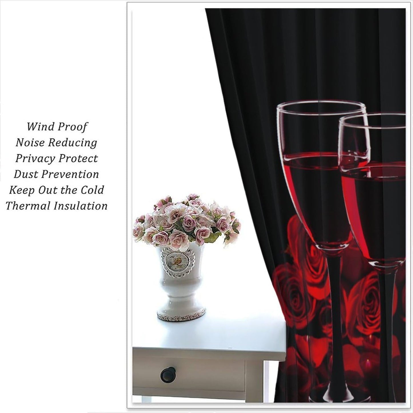 Wine Rose Curtains, Red Wine Glass Rose Floral Print, Light Filtering Window Drapes for Bedroom Dining Room Living Room, 20.5" W x 44.5" L, 2 Panels （No Blackout）