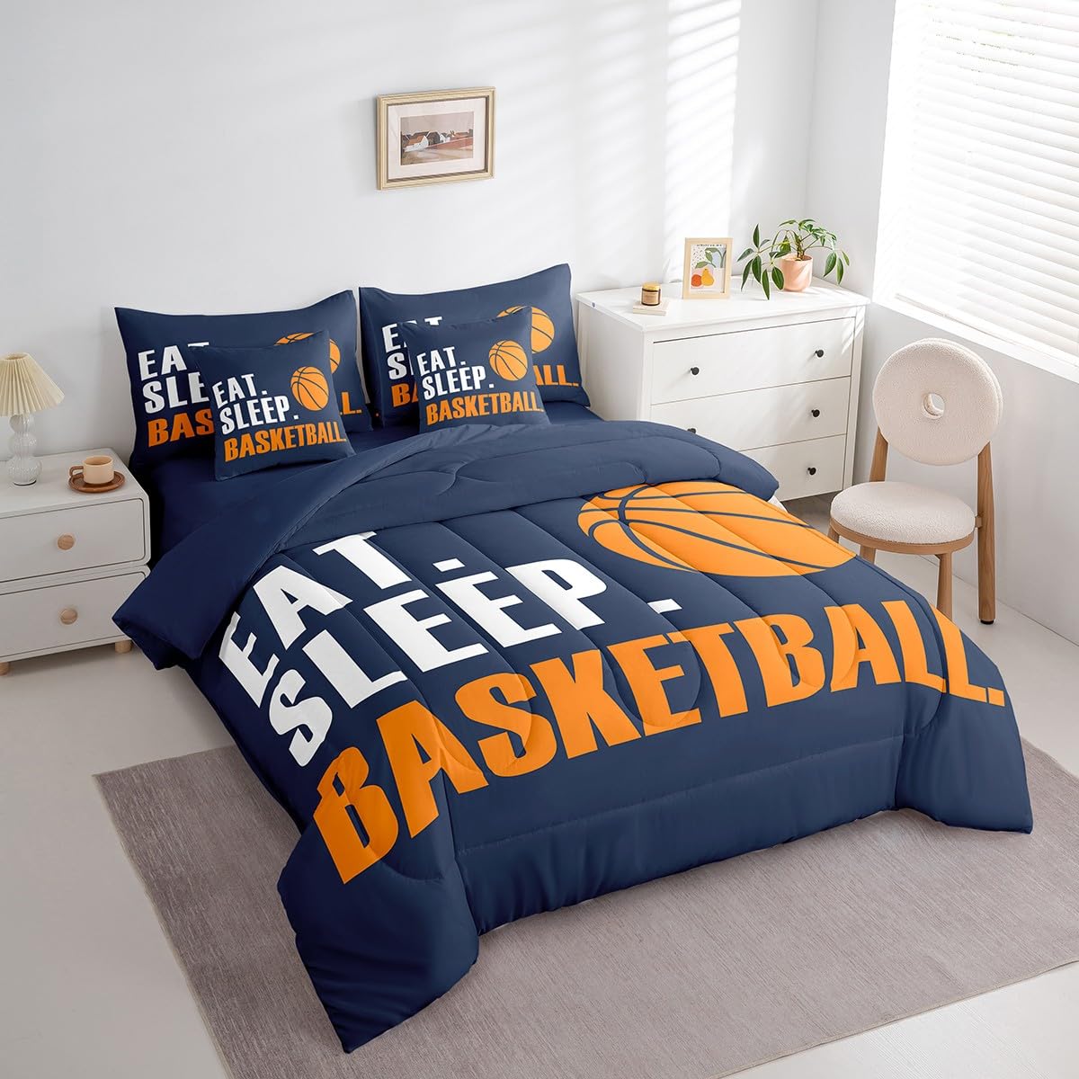 Feelyou Basketball Comforter Set 7 Piece 3D Ball Sports Bedding Twin Comforter Set for Boys Girls Women Men Blue Eat Sleep Basketball Bedding Set Ball Games Room Decor Bed in a Bag