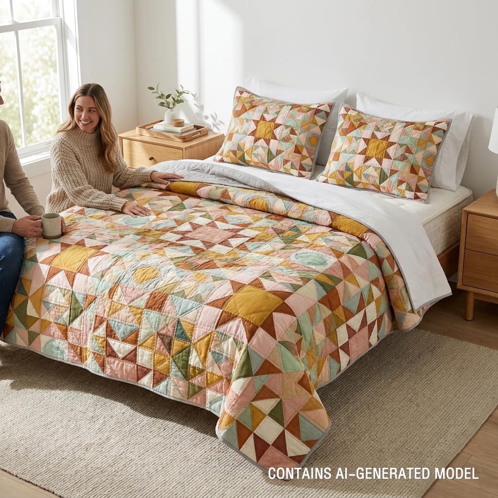 Quilt Set Rustic Geometric Star Patchwork Bedspread for Farmhouse Bedroom Decor, Soft Lightweight Microfiber Coverlet with Matching Shams, Easy Care Machine Washable, Full/Queen