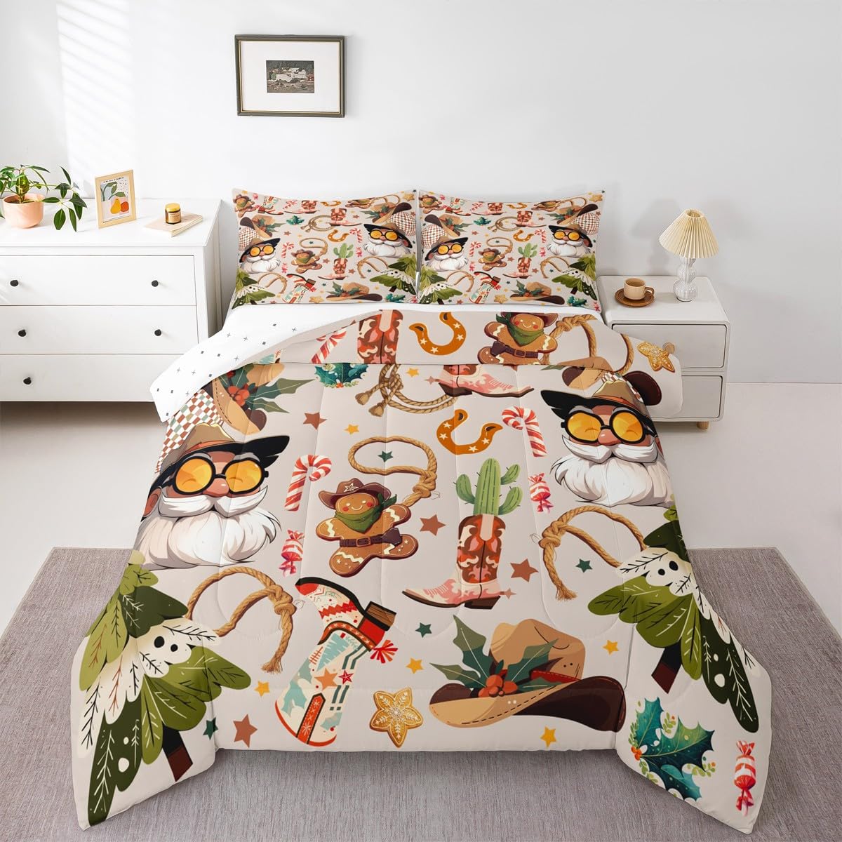Feelyou Western Kids Comforter Set Full Size Merry Christmas Bedding Set Cowgirl Floral Duvet Quilt for Kids Boys Girls Bedroom Western Cowboy Boots Decor Wild West Cactus Flower Ultra Soft Breathable