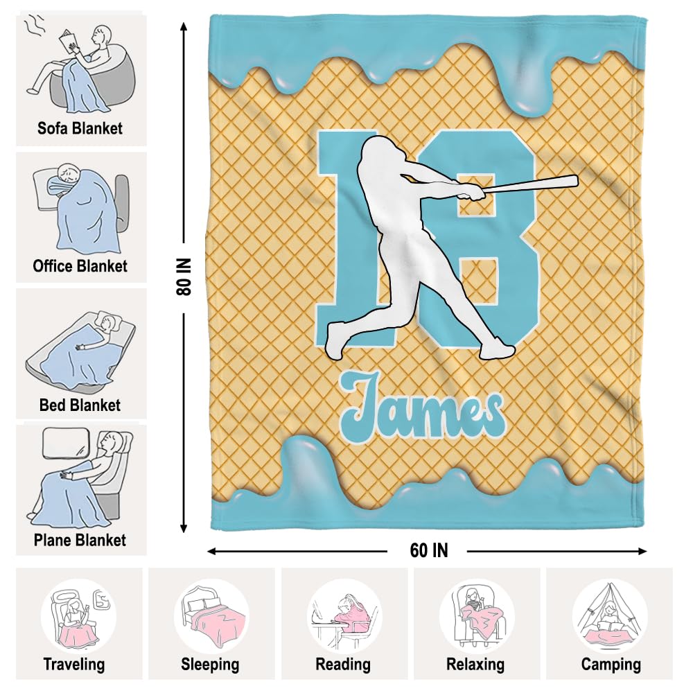 Personalized Baseball Ice Cream Drip Blanket – Custom Name & Number Baseball Throw Blanket, Soft Cozy Sports Blanket, Gift for Kids, Teens & Adults, Bedroom or Couch Décor (Ice Cream Drip Baseball #1)